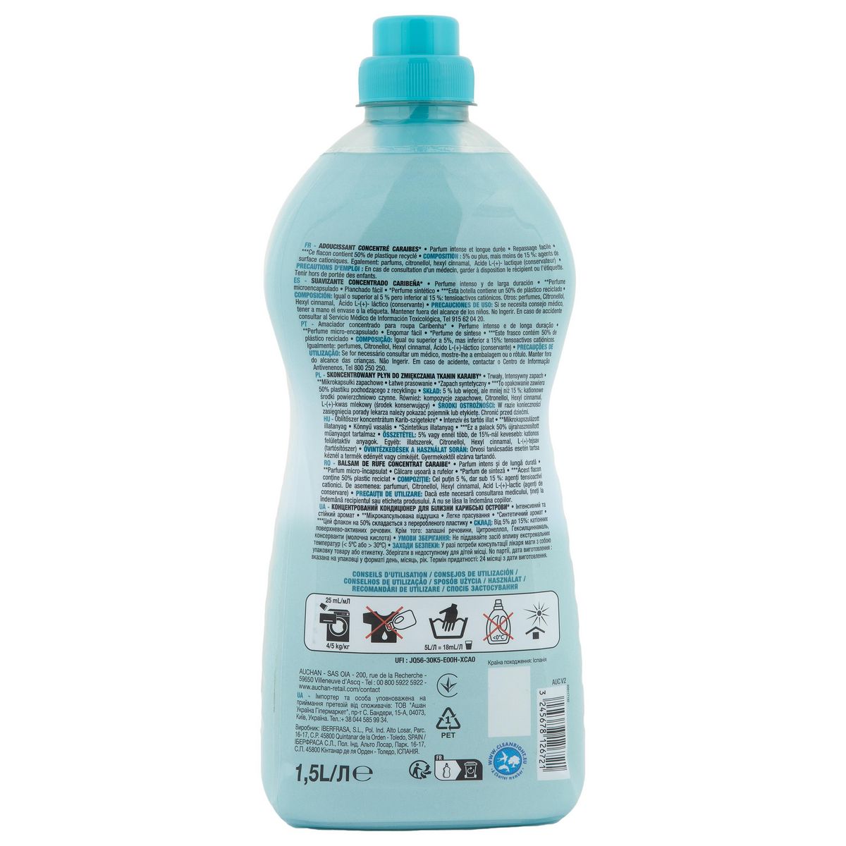 AUCHAN Adoucissant liquide concentré Caraïbes 60 lavages 1.5l