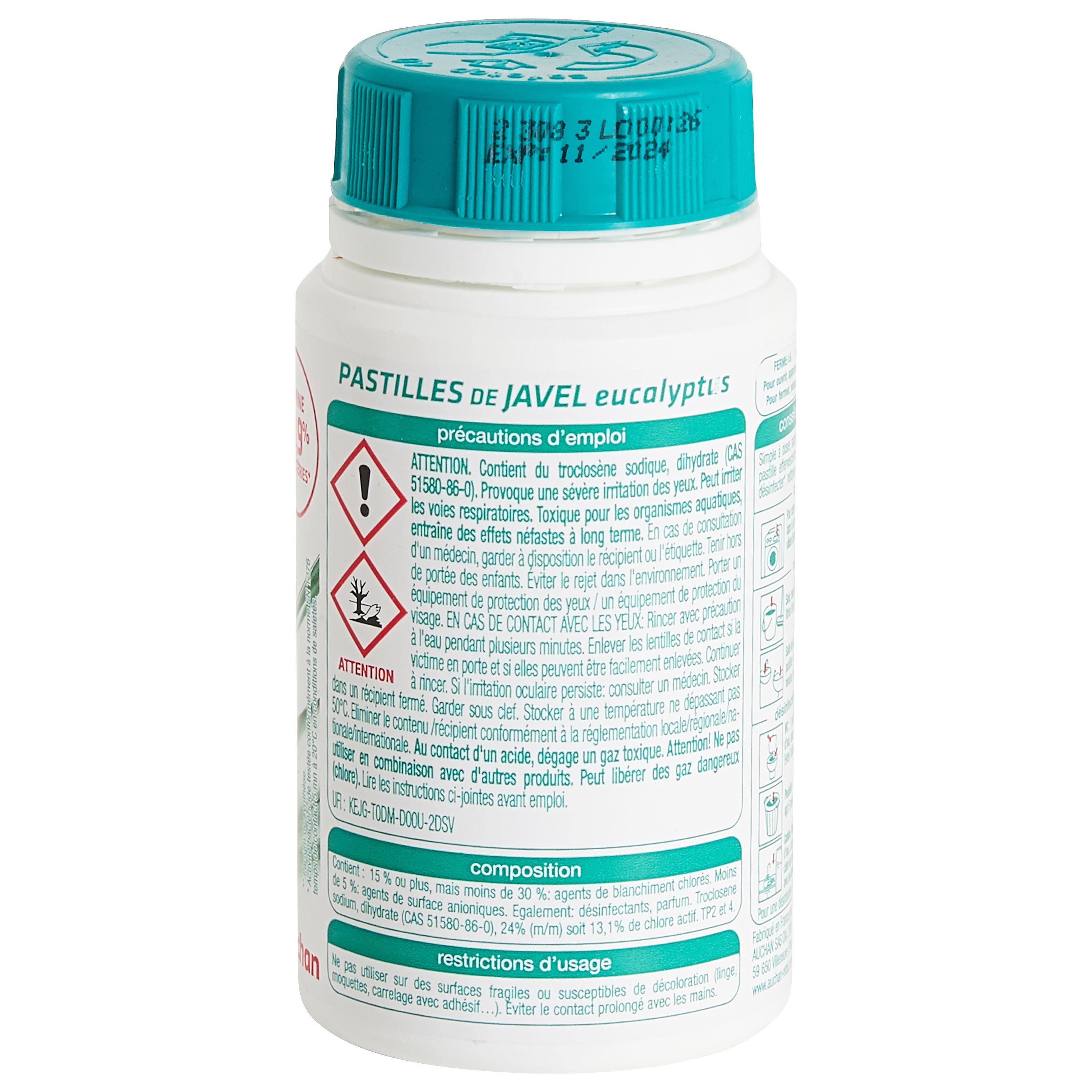 Voir la diapositive 4 : AUCHAN Pastilles de javel eucalyptus 48 pastilles