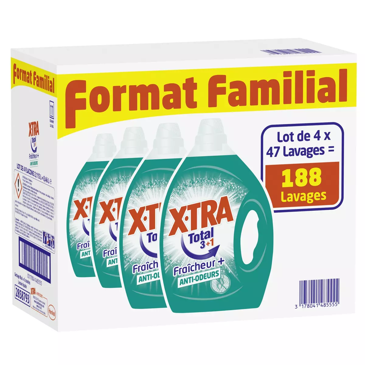 X-TRA Total 3+1 lessive liquide diluée fraîcheur + anti-odeurs 188 lavages  4x2.115l pas cher 
