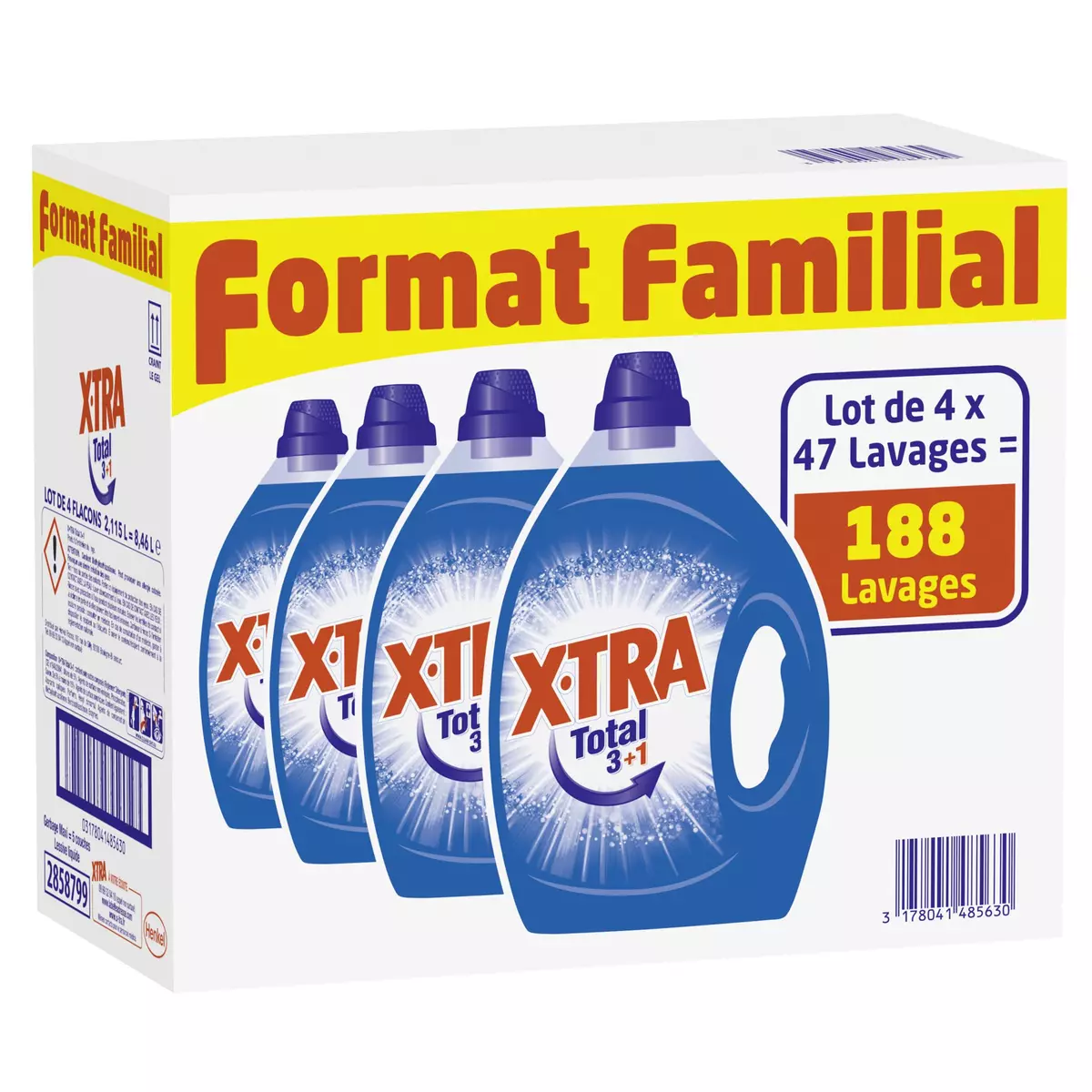 X-TRA Total 3+1 lessive liquide diluée 188 lavages 4x2.115l pas cher 