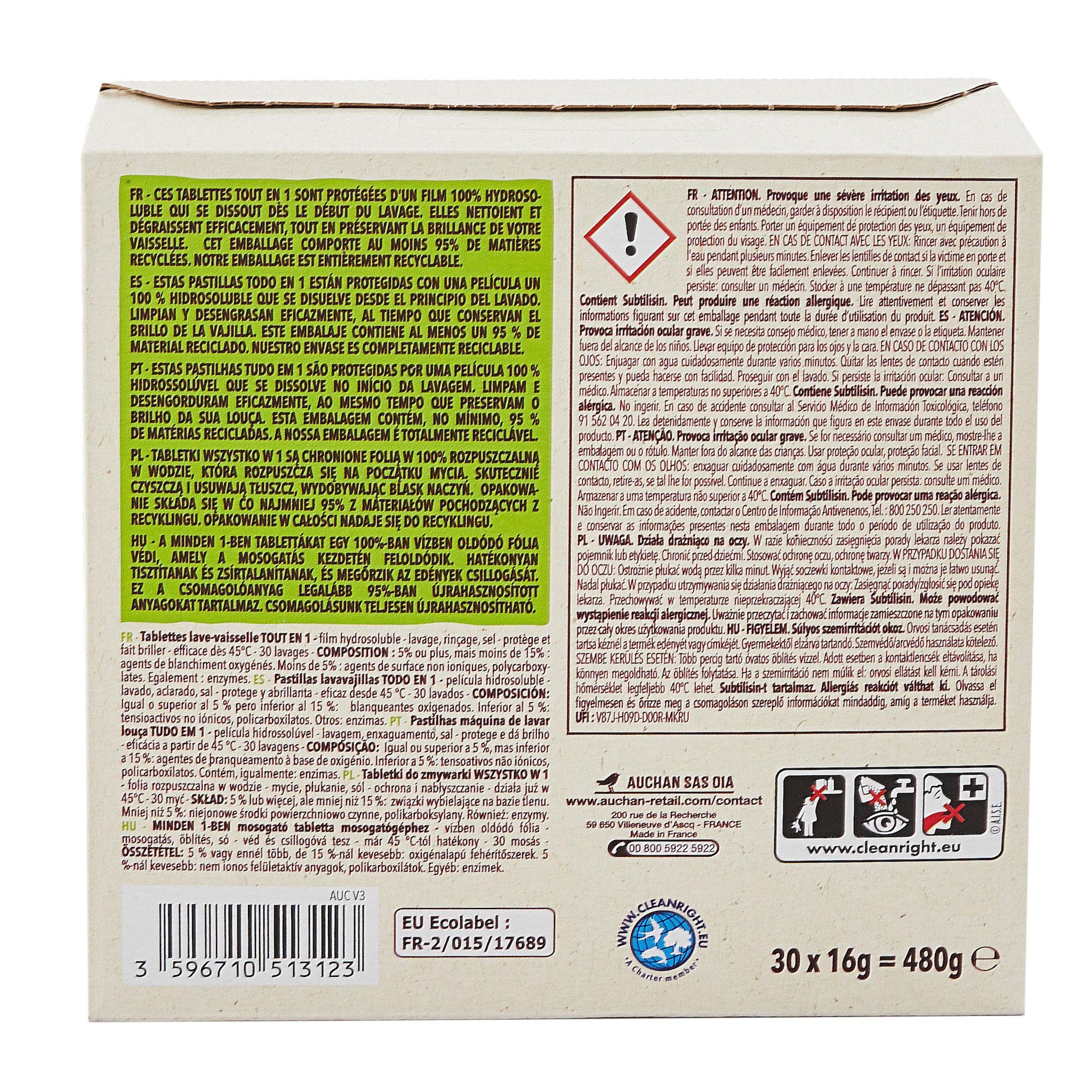 Voir la diapositive 2 : AUCHAN BETTER LIFE Tablettes lave-vaisselle tout en 1 écologiques 30 tablettes