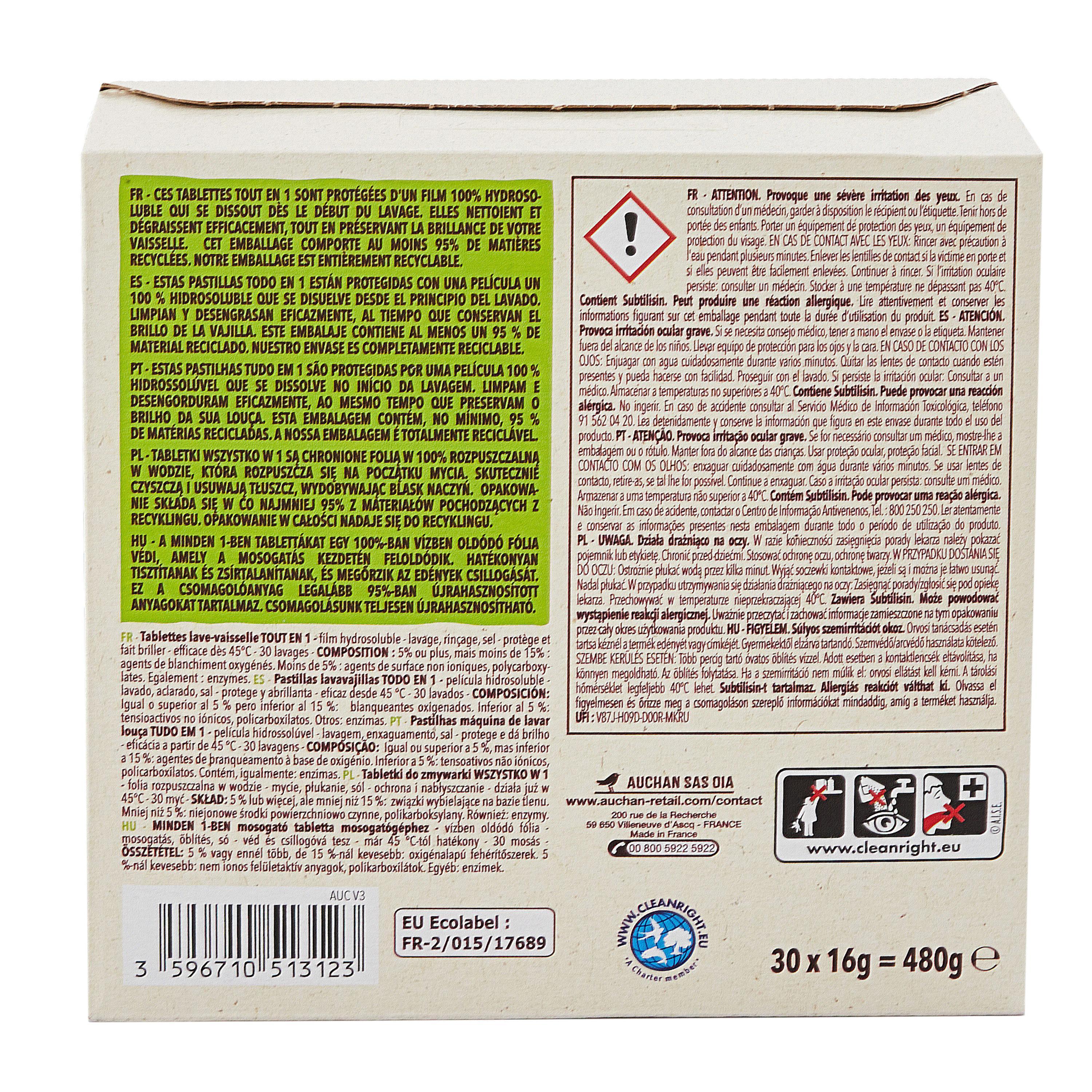 Voir la diapositive 3 : AUCHAN BETTER LIFE Tablettes lave-vaisselle tout en 1 écologiques 30 tablettes
