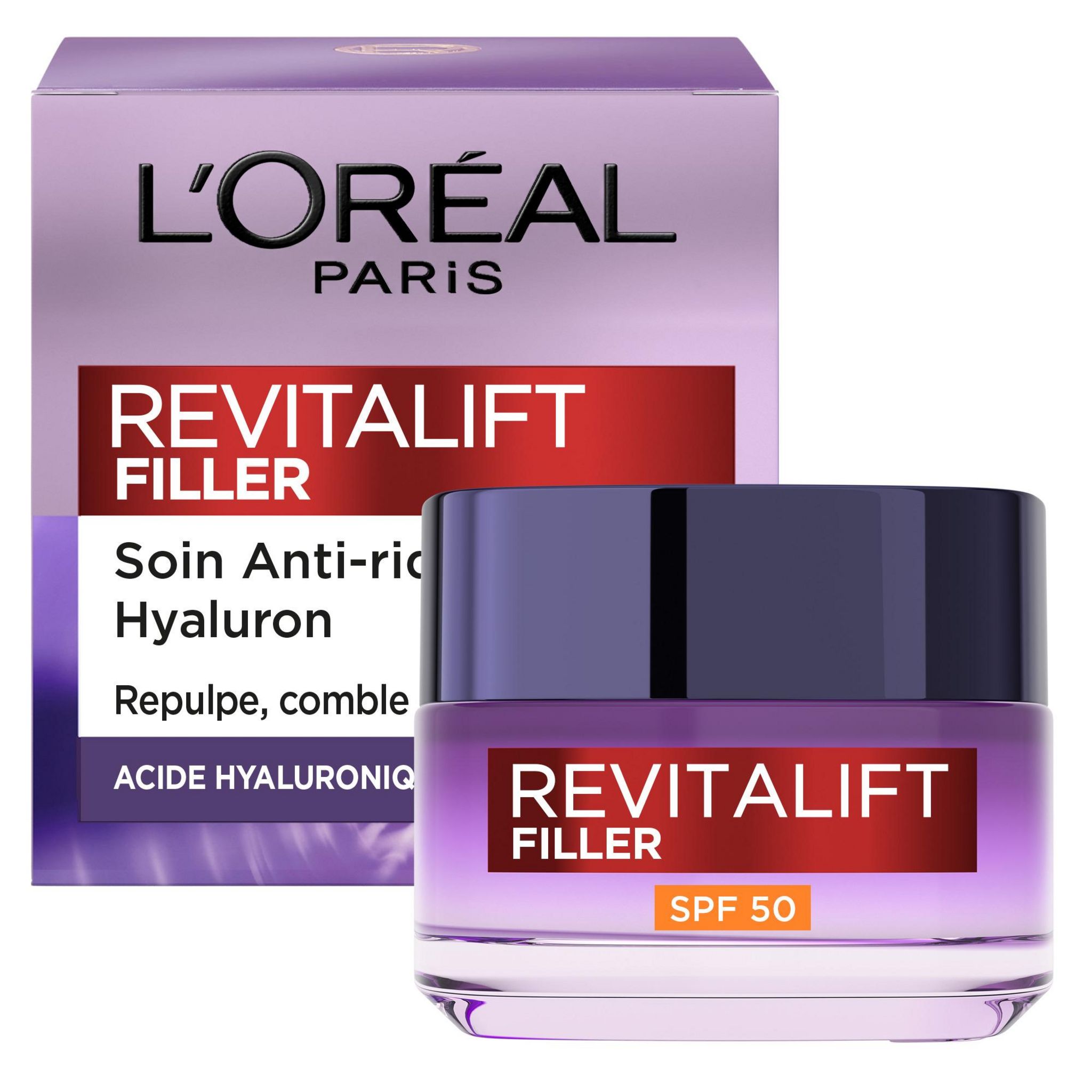 Voir la diapositive 2 : L'OREAL Revitalift filler soin repulpant anti-âge + acide hyaluronique SPF50 50ml