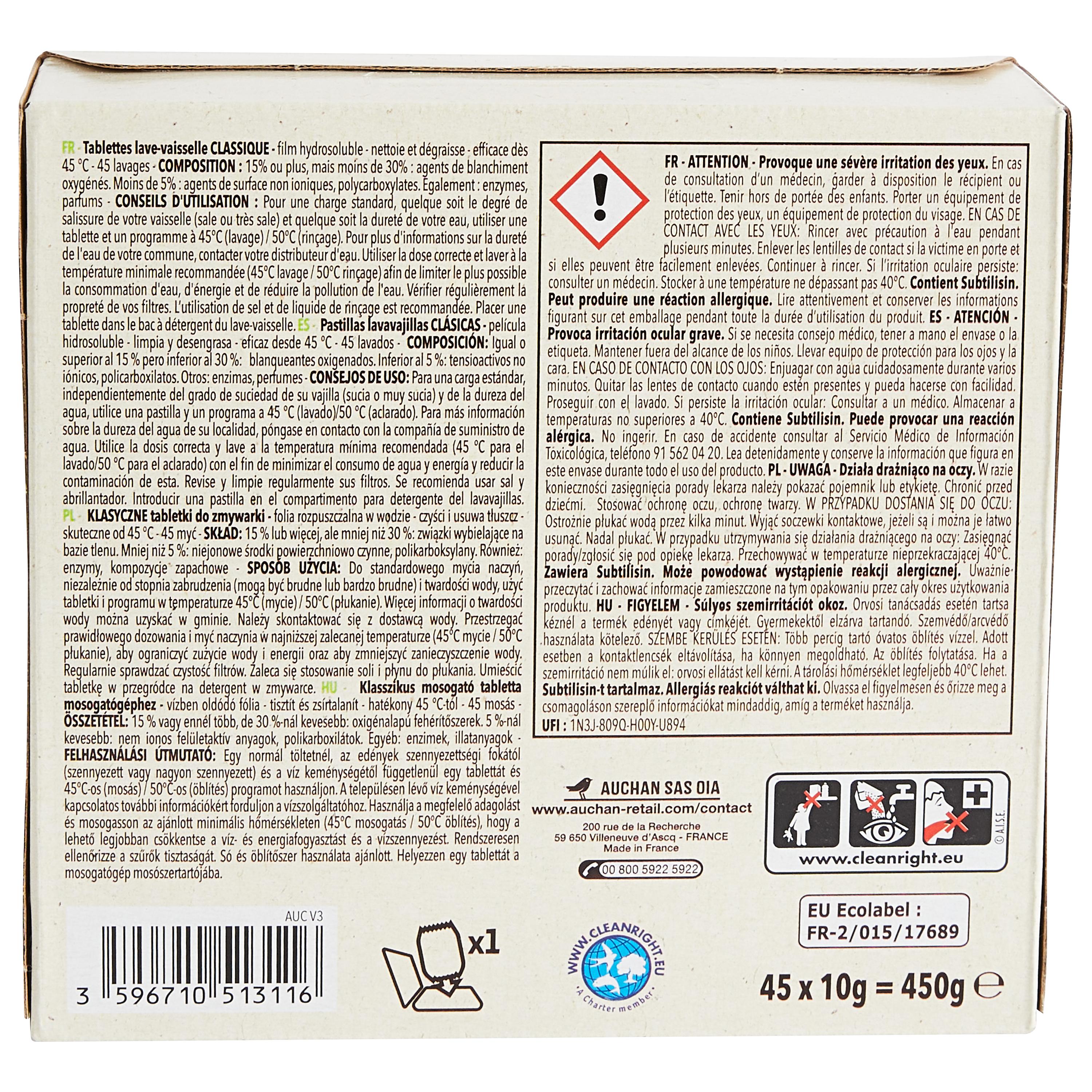 Voir la diapositive 2 : AUCHAN BETTER LIFE Tablettes lave-vaisselle écologiques 45 tablettes