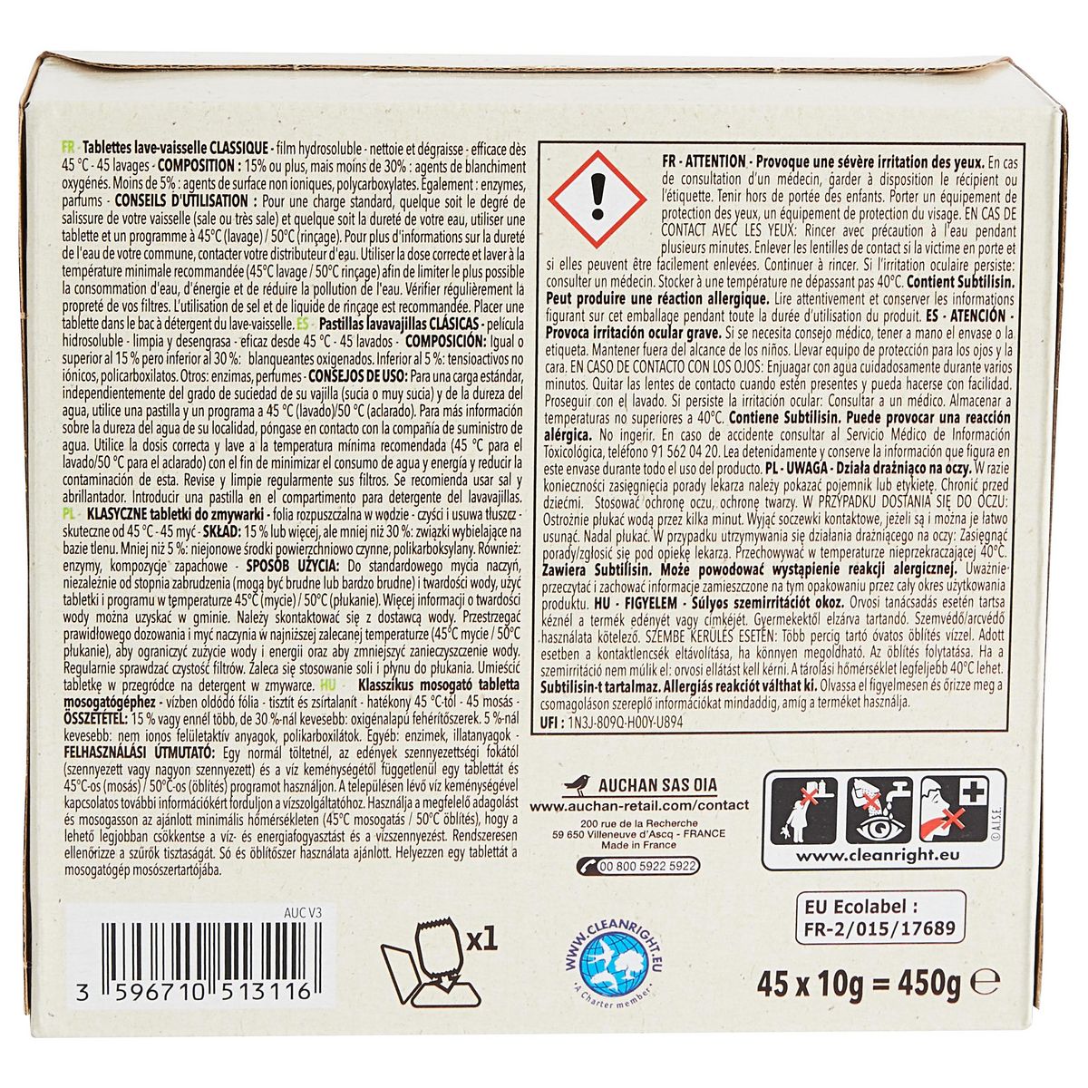 AUCHAN BETTER LIFE Tablettes lave-vaisselle écologiques 45 tablettes