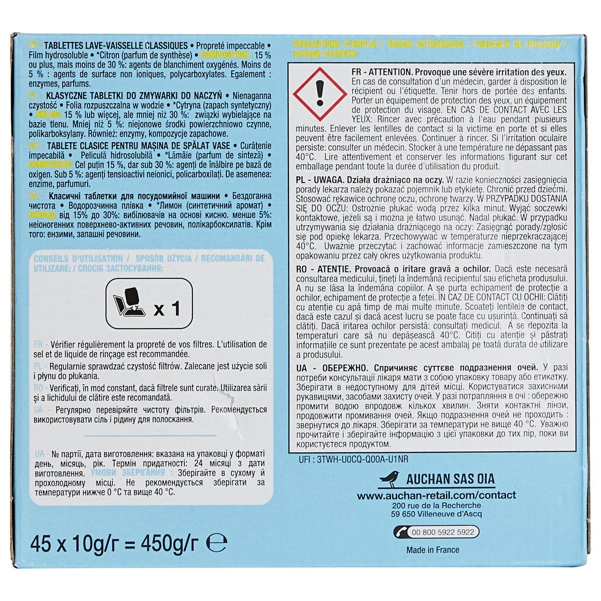 AUCHAN Tablettes lave-vaisselle 45 tablettes