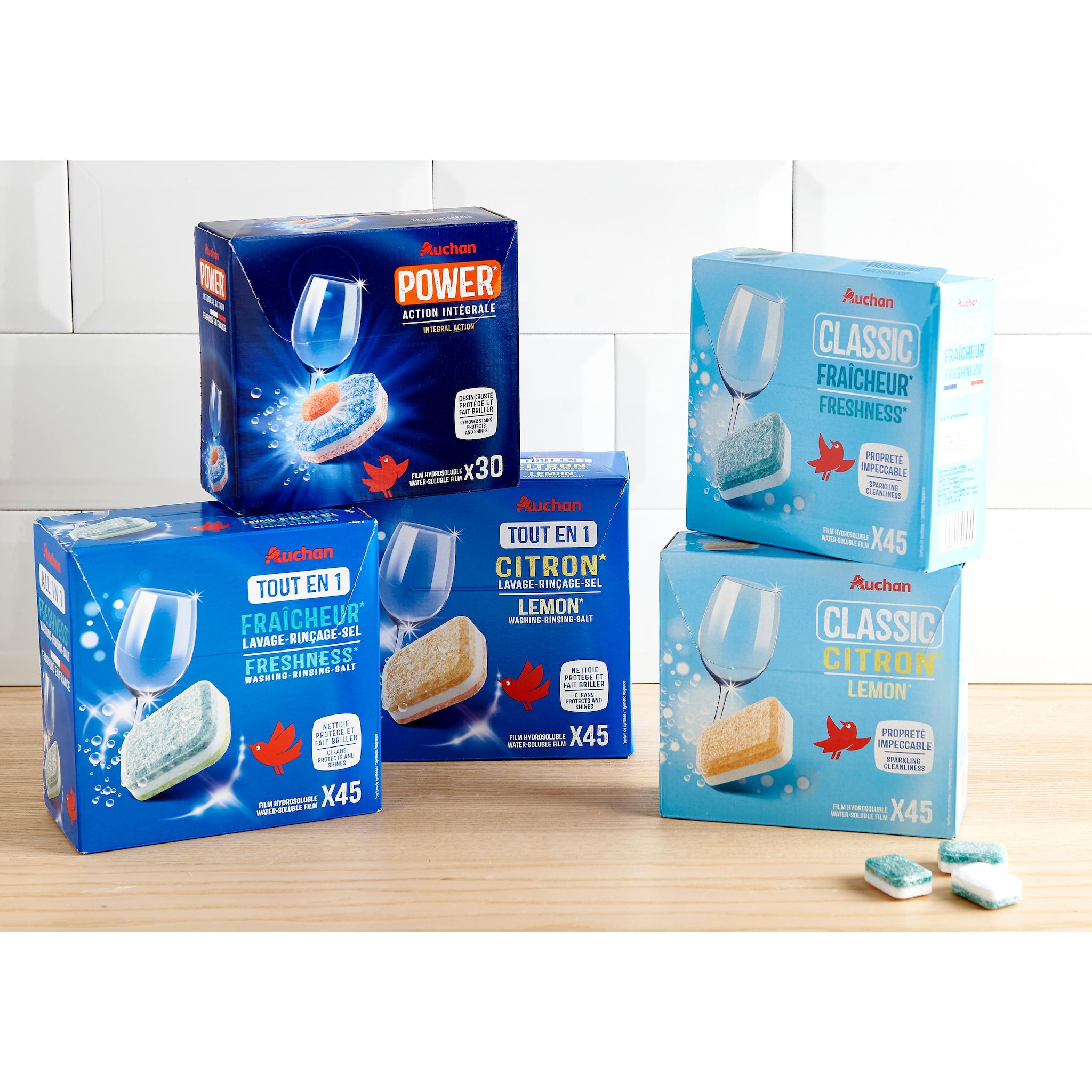 Voir la diapositive 2 : AUCHAN Tablettes lave-vaisselle fraîcheur 45 tablettes