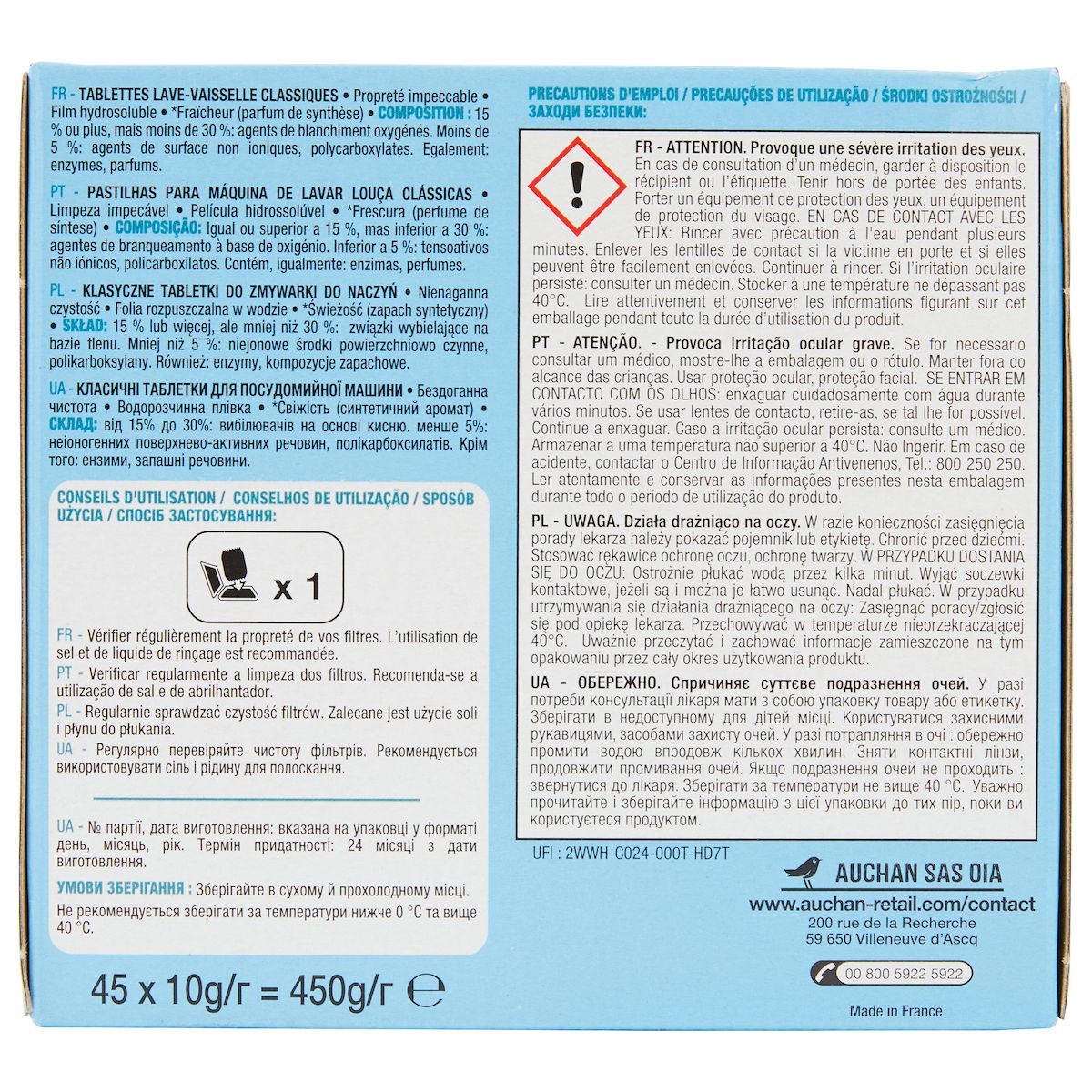 AUCHAN Tablettes lave-vaisselle fraîcheur 45 tablettes