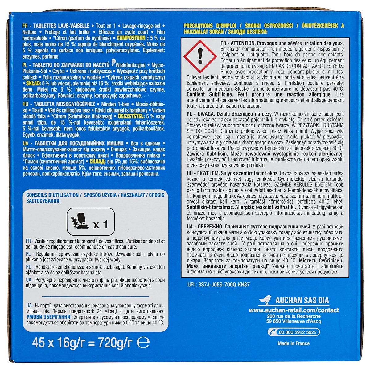 AUCHAN Tablettes lave-vaisselle tout en 1 citron 45 tablettes