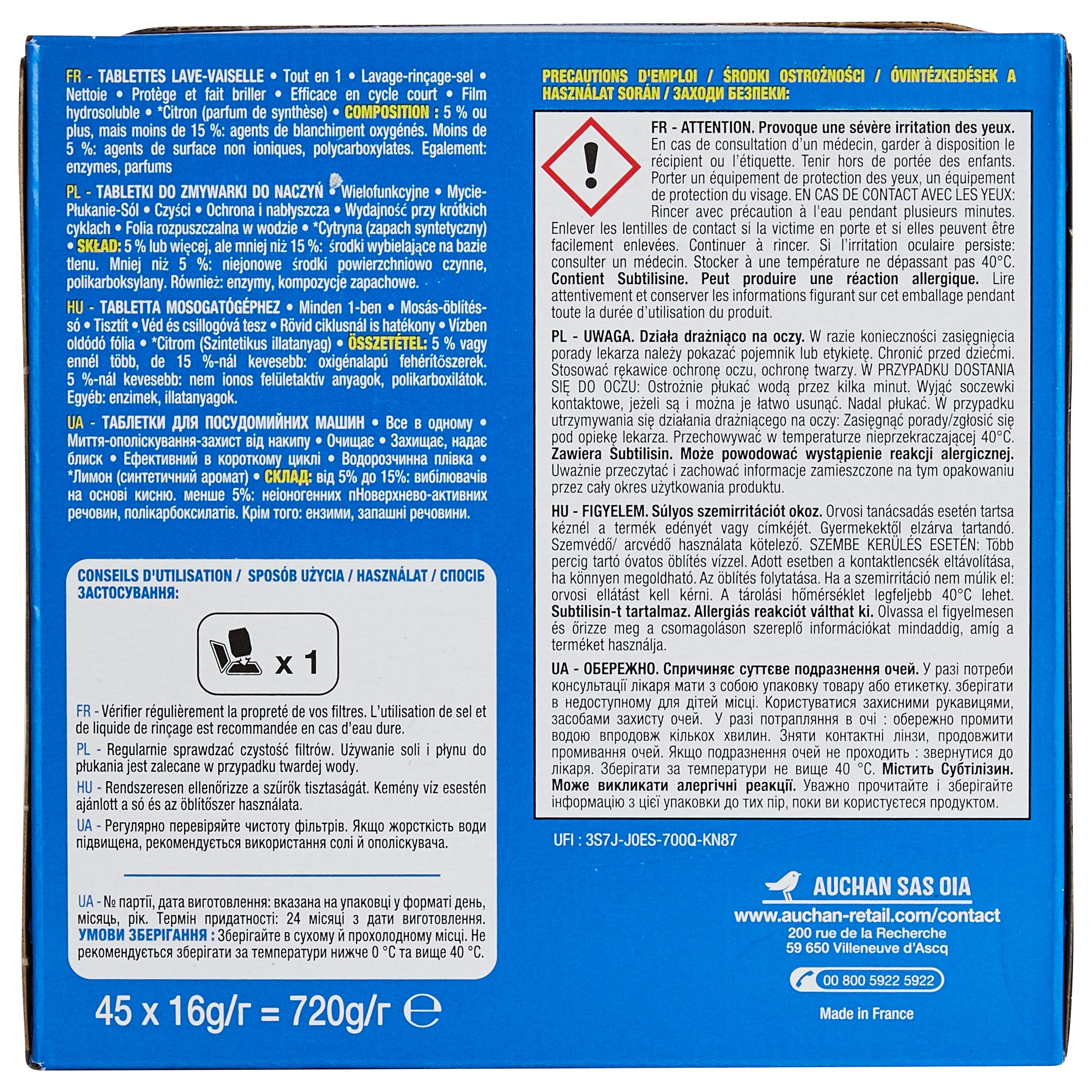 Voir la diapositive 4 : AUCHAN Tablettes lave-vaisselle tout en 1 citron 45 lavages 720g