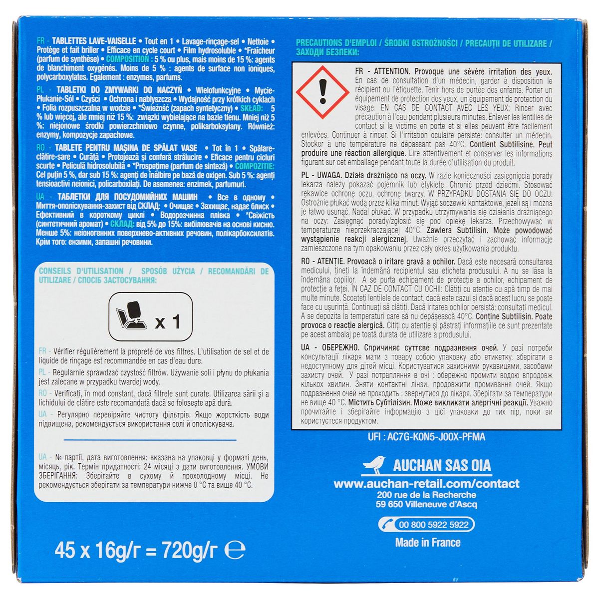 AUCHAN Tablettes lave-vaisselle tout en 1 fraîcheur 45 tablettes