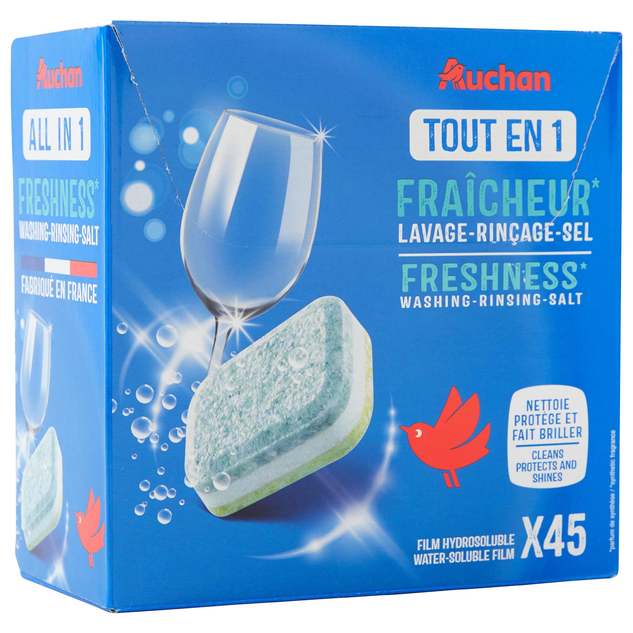 Voir la diapositive 2 : AUCHAN Tablettes lave-vaisselle tout en 1 fraîcheur 45 tablettes