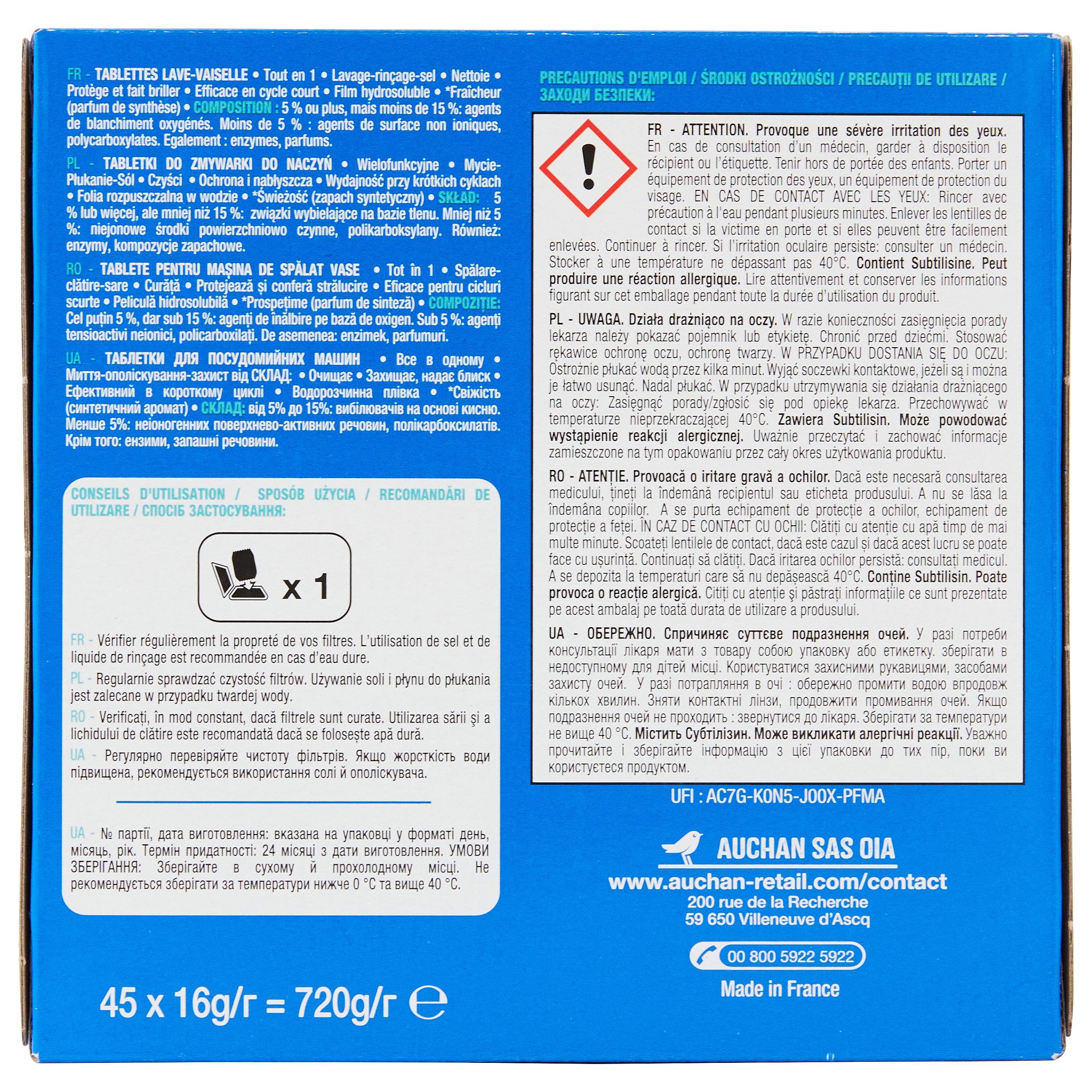 Voir la diapositive 4 : AUCHAN Tablettes lave-vaisselle tout en 1 fraîcheur 45 lavages 720g