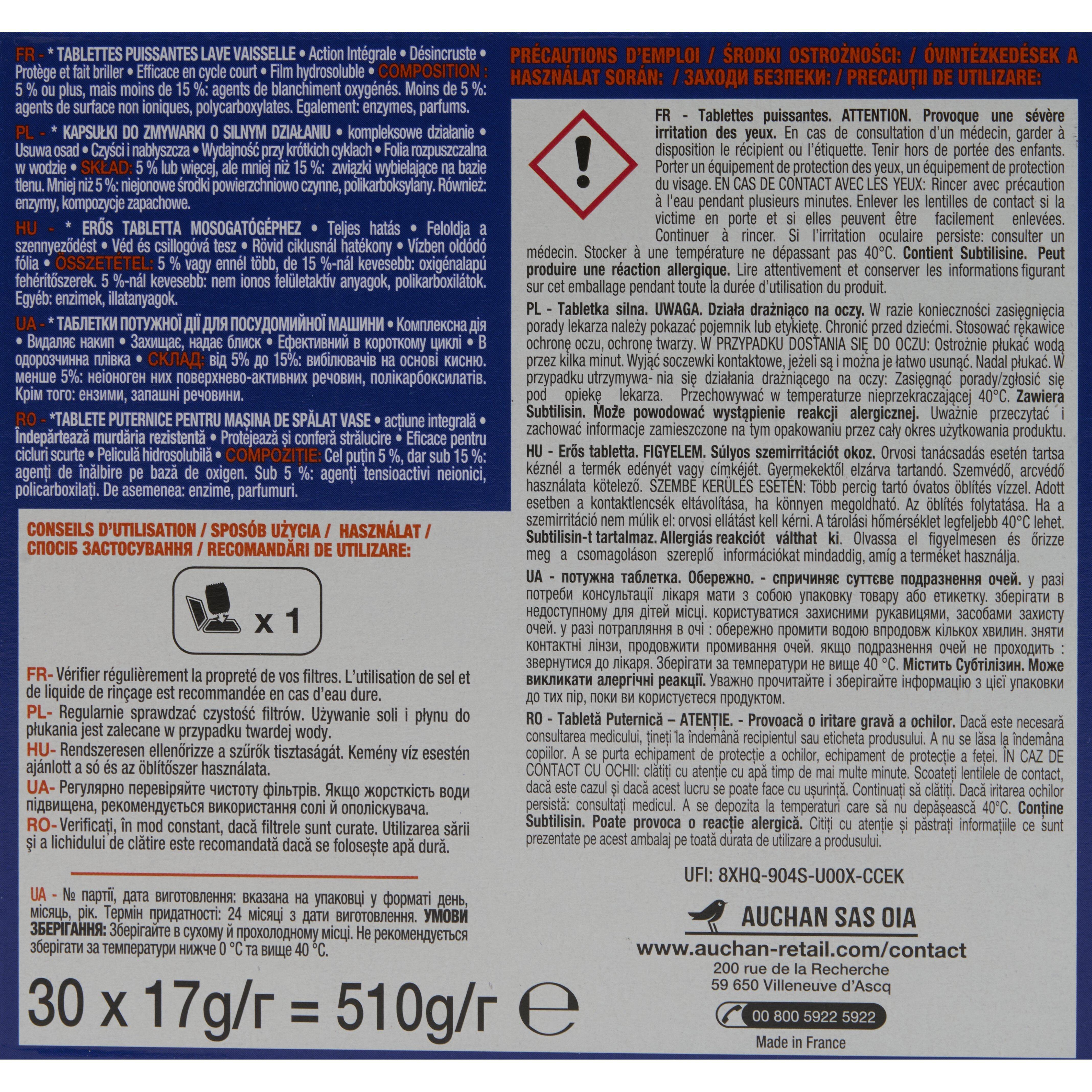 Voir la diapositive 4 : AUCHAN Power Tablettes lave-vaisselle action intégrale 30 lavages 510g