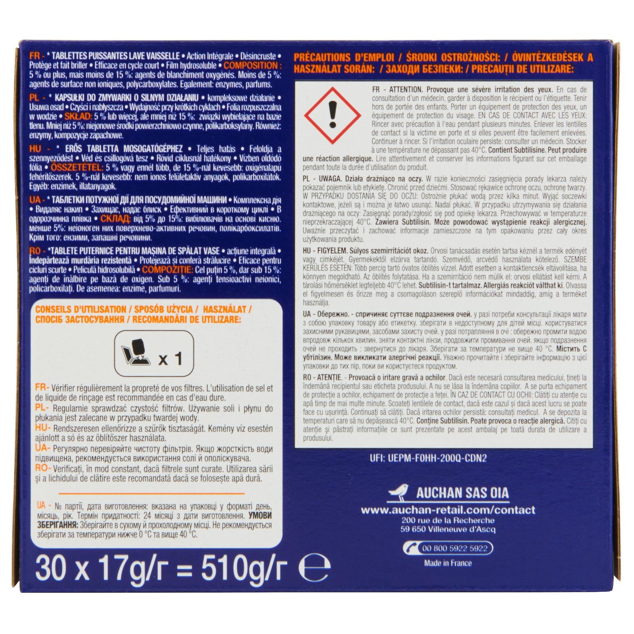 Voir la diapositive 4 : AUCHAN Power Tablettes lave-vaisselle action intégrale 30 tablettes