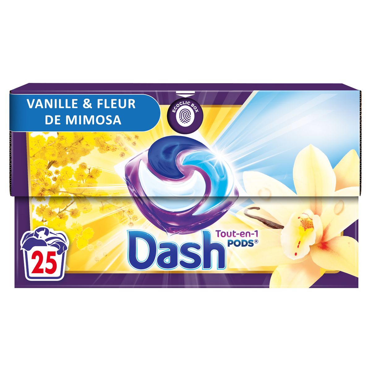 DASH Pods Lessive capsules Tout en 1 Sélection florale  Vanille et fleur de mimosa 25 capsules