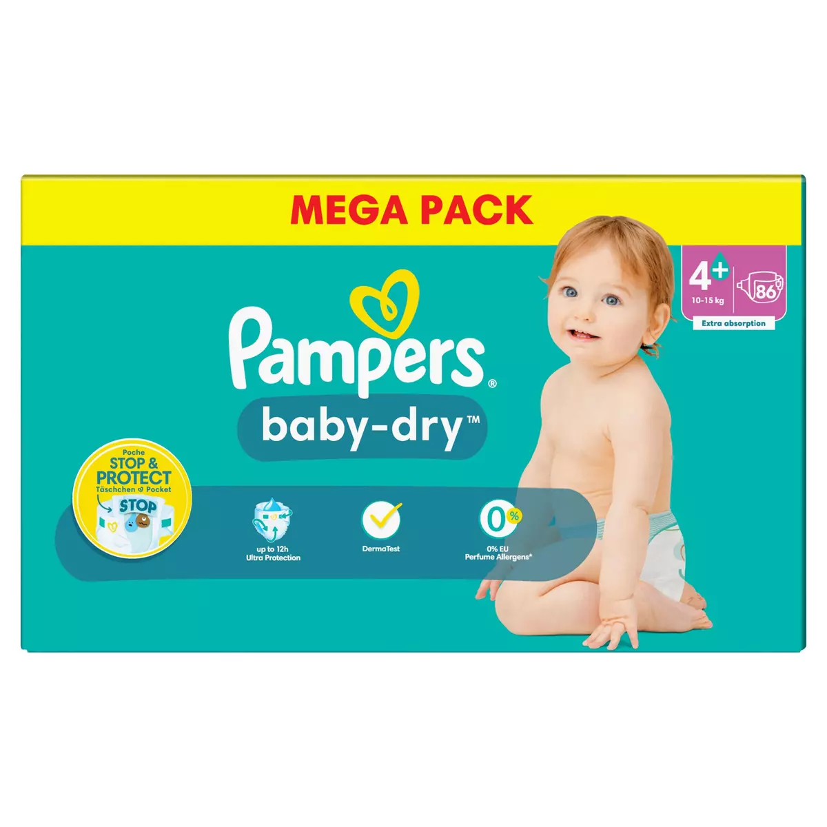PAMPERS Baby-dry couches taille 4+ (10-15kg) 86 couches