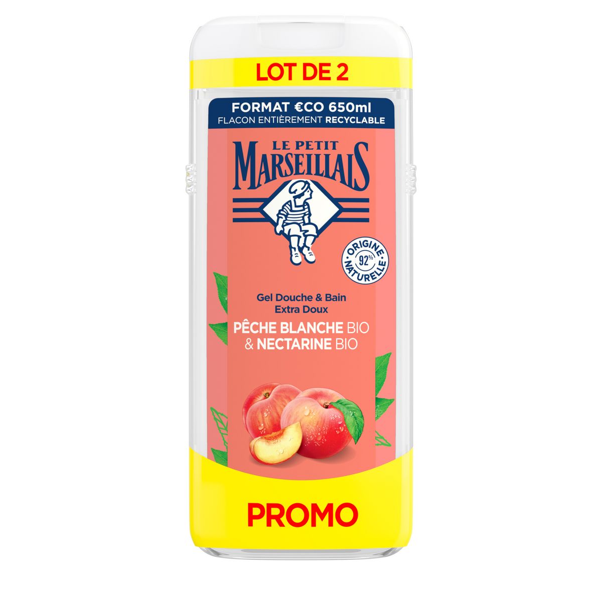 LE PETIT MARSEILLAIS Gel douche et bain extra doux pèche nectarine 2x650ml