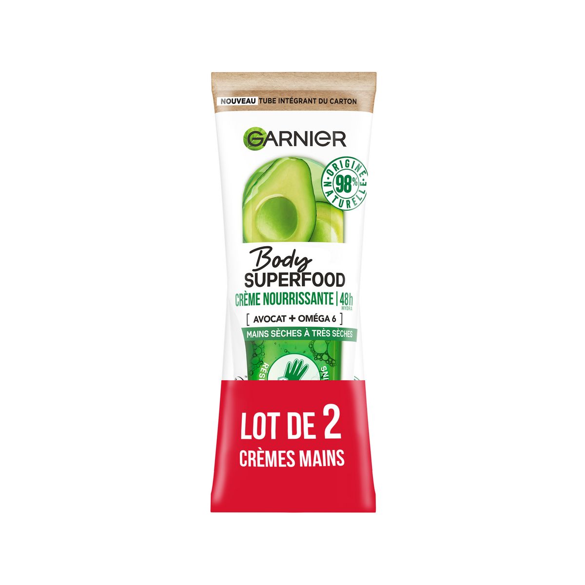 GARNIER Body Superfood Crème nourrissante 48h avocat + oméga 6 pour mains sèches à très sèches 2x75ml