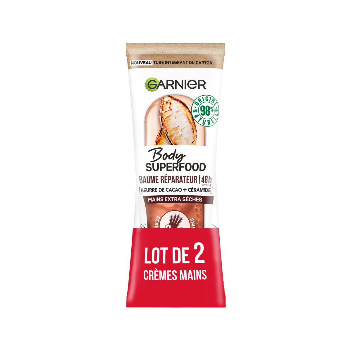 GARNIER Body Superfood Baume réparateur 48h beurre de cacao + céramide pour mains extra sèches 2x75ml