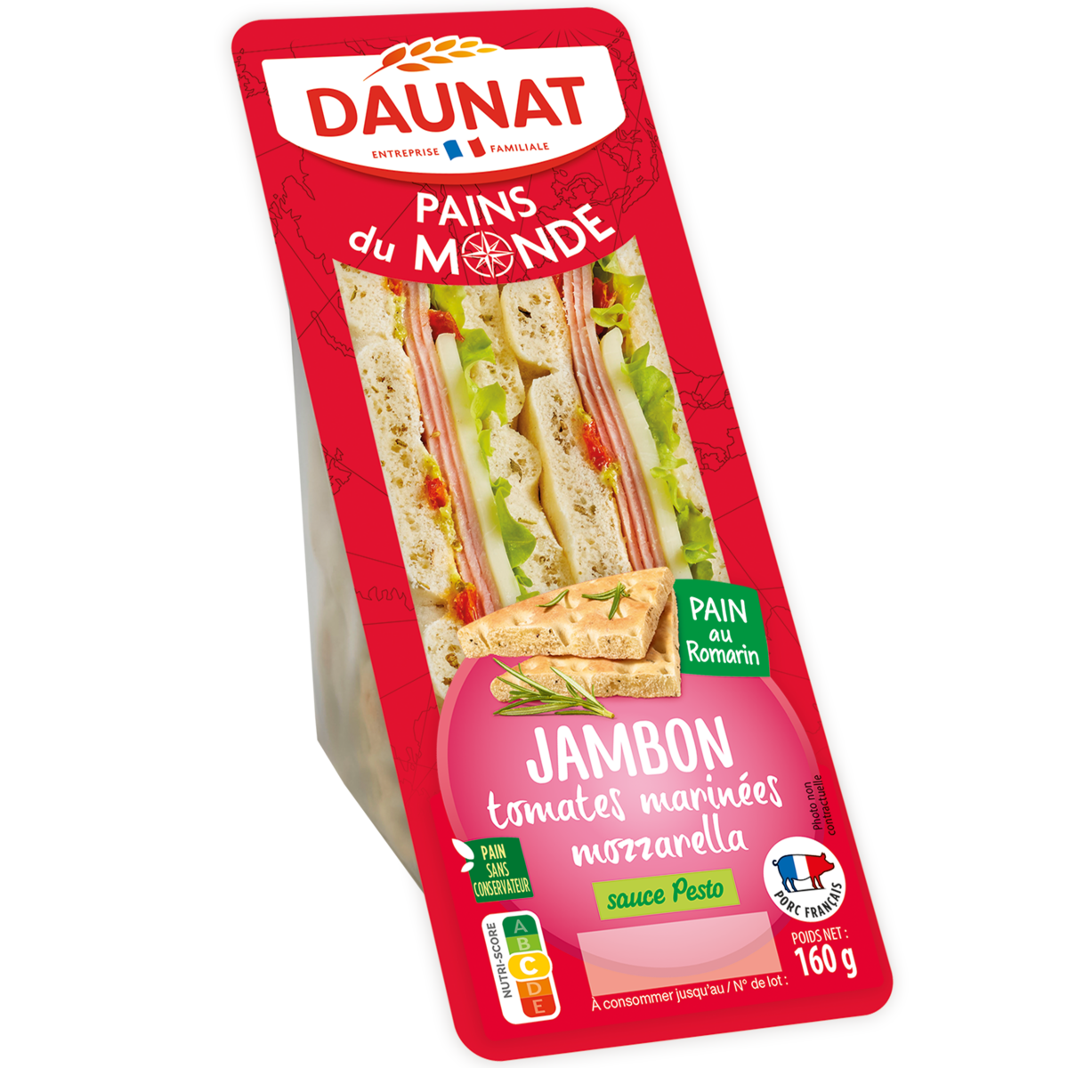 DAUNAT Sandwich pain au romarin jambon tomates marinées et mozzarella sauce pesto 160g