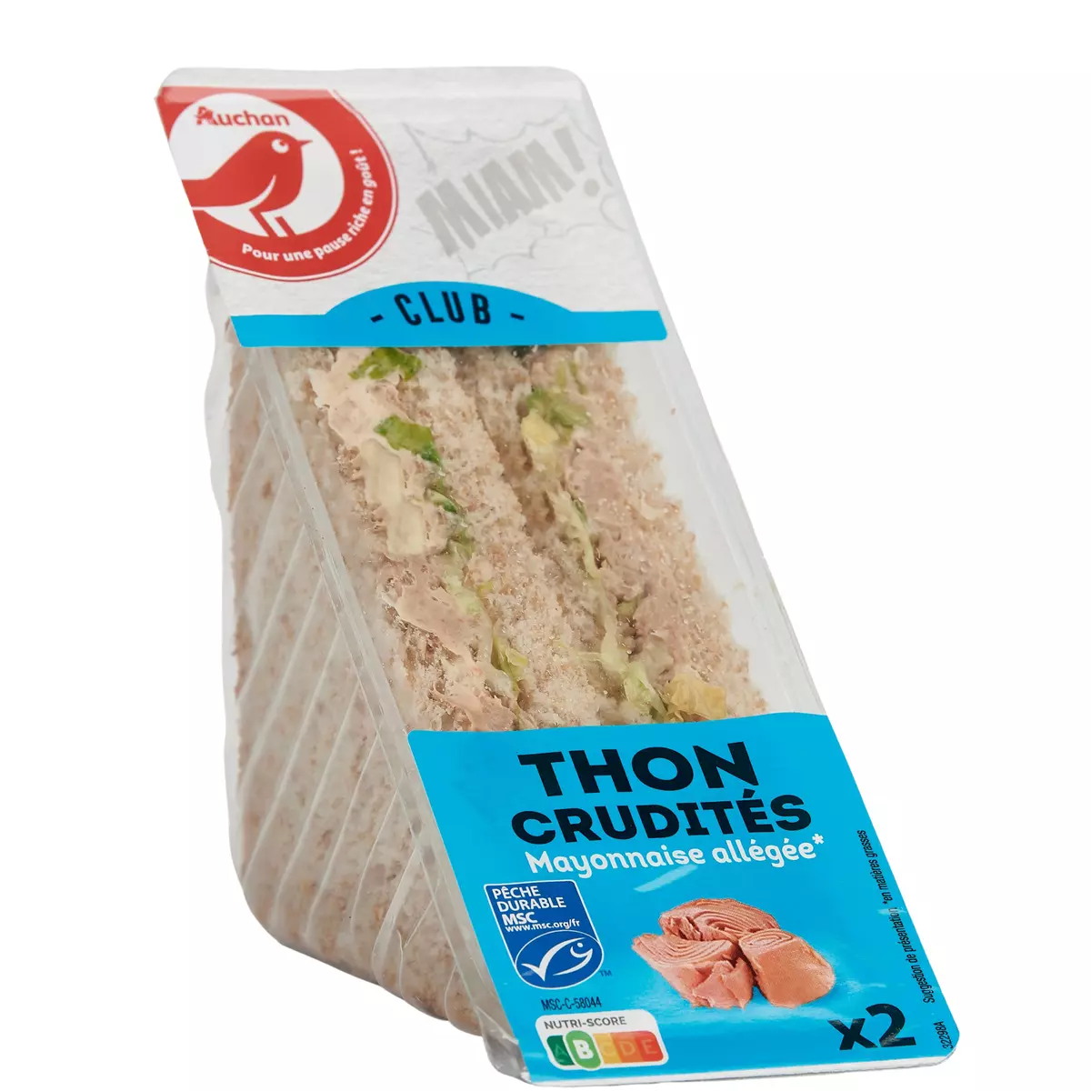 AUCHAN Club sandwich au thon MSC crudités et mayonnaise allégée 2 pièces 145g