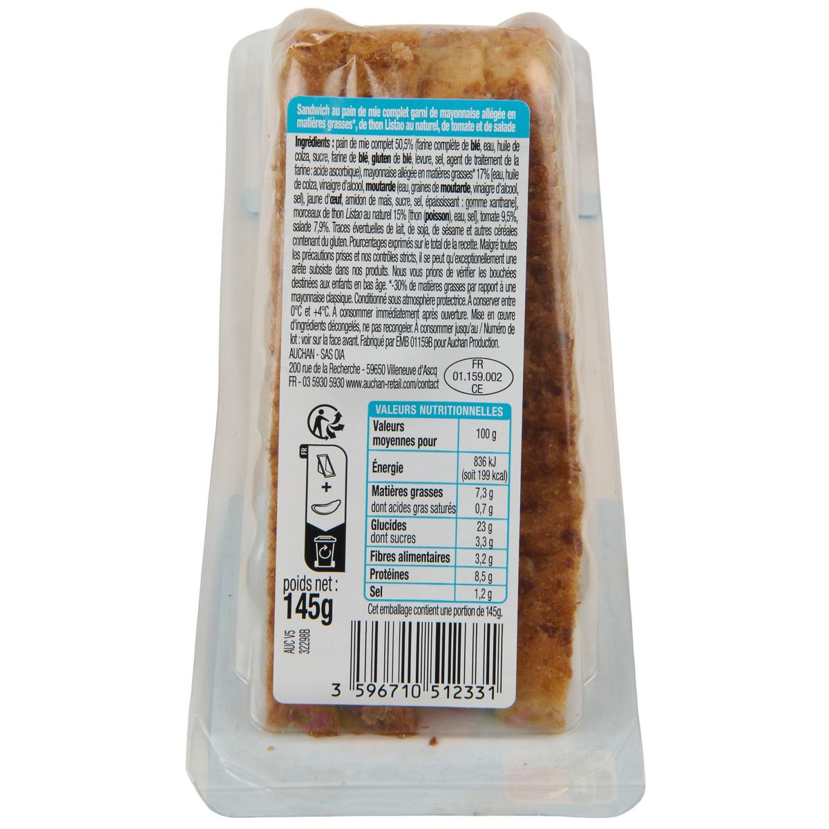 AUCHAN Club sandwich au thon MSC crudités et mayonnaise allégée 2 pièces 145g