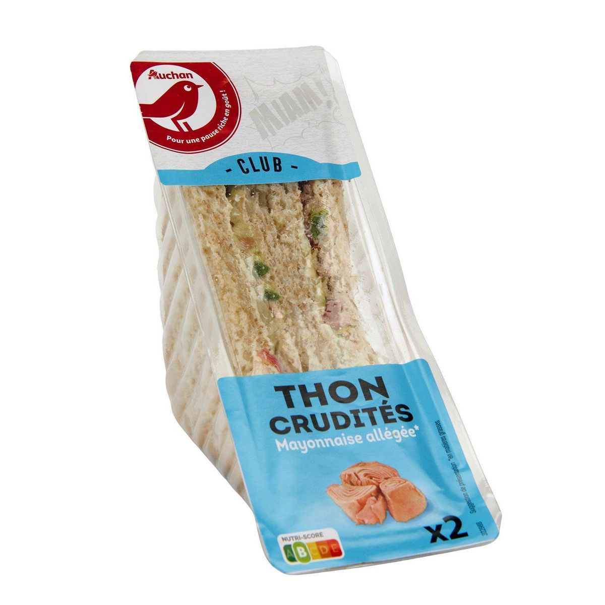 AUCHAN Club sandwich au thon MSC crudités et mayonnaise allégée 2 pièces 145g