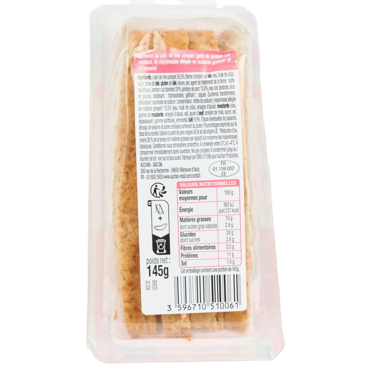 AUCHAN Club sandwich jambon emmental mayonnaise allégée 2 pièces 145g
