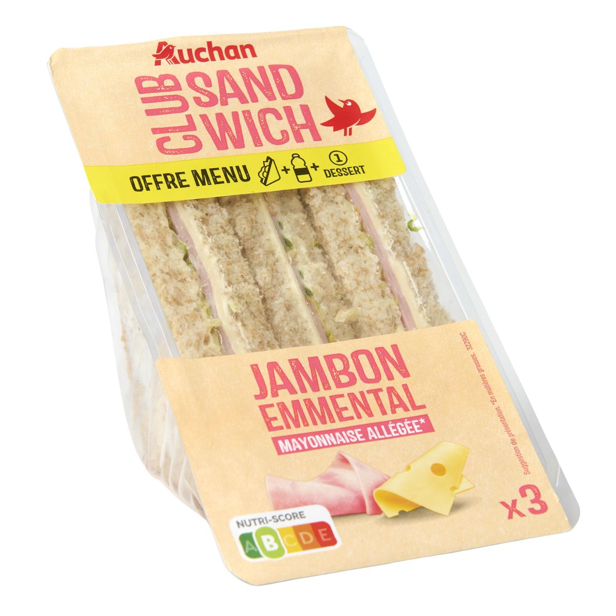 AUCHAN Sandwich triple jambon emmental 3 parts 230g