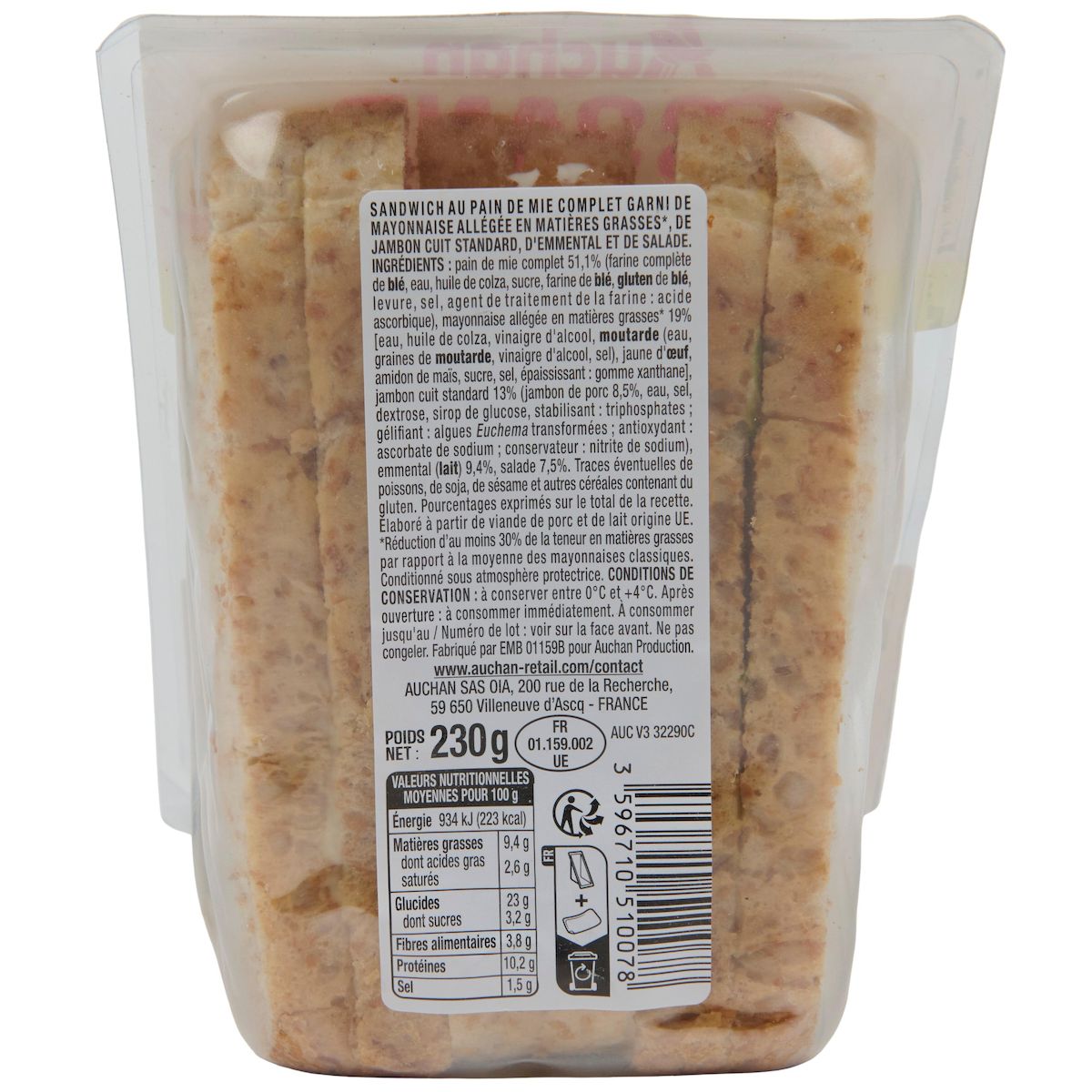 AUCHAN Sandwich triple jambon emmental 3 parts 230g