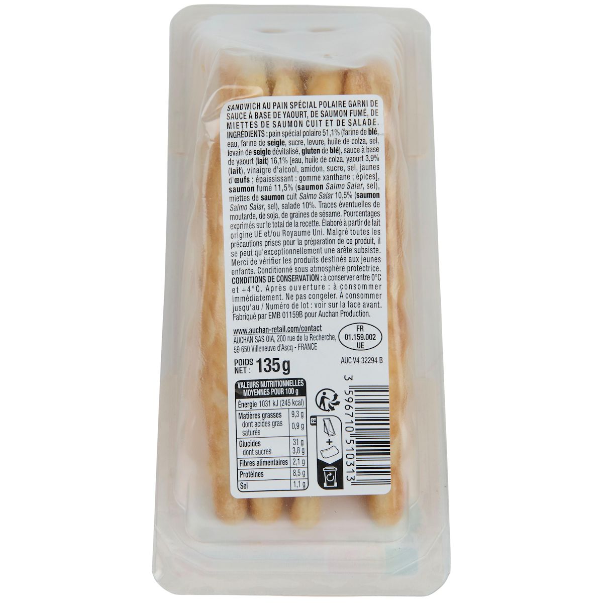 AUCHAN Sandwich suédois au saumon sauce yaourt 135g