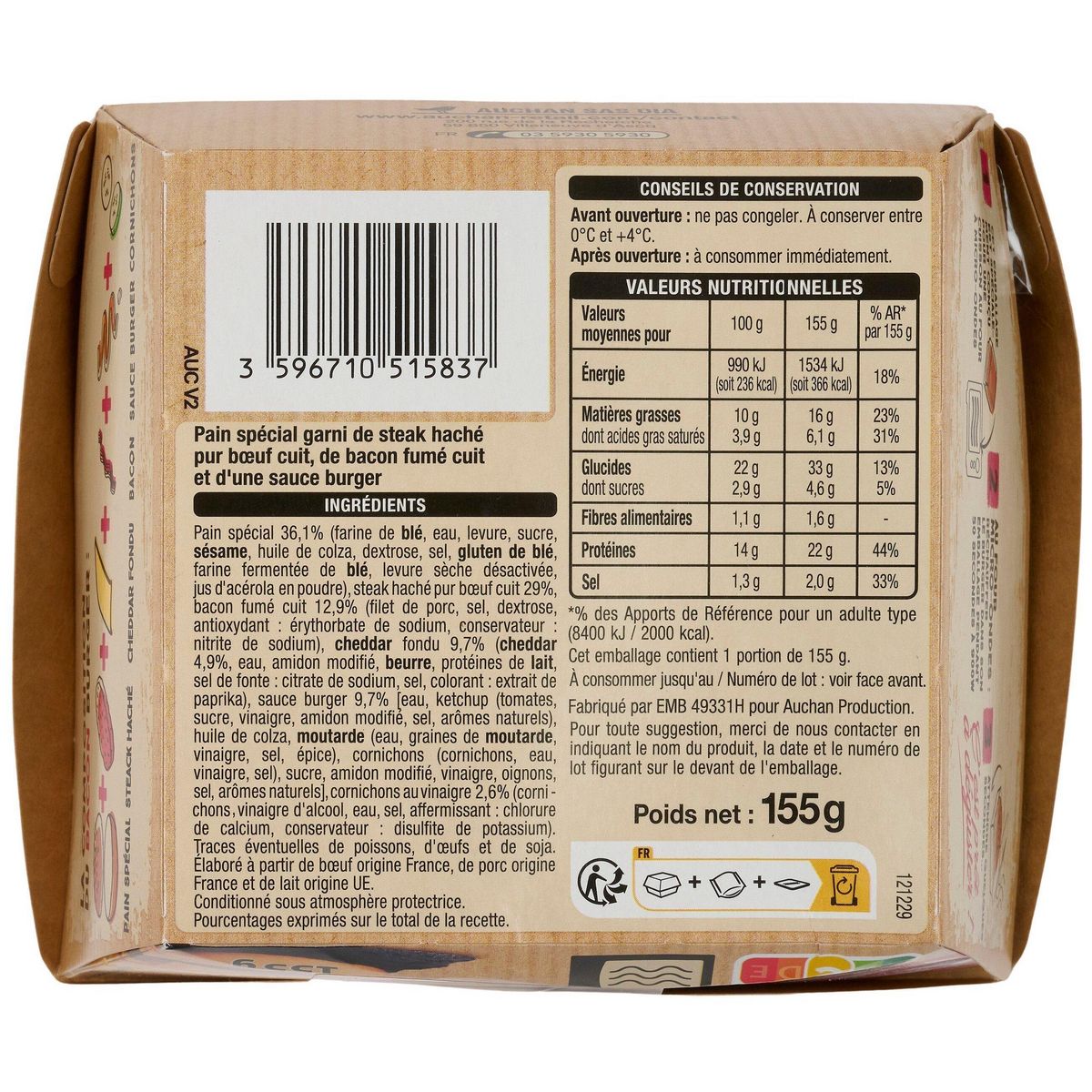 AUCHAN Burger au bacon 155g
