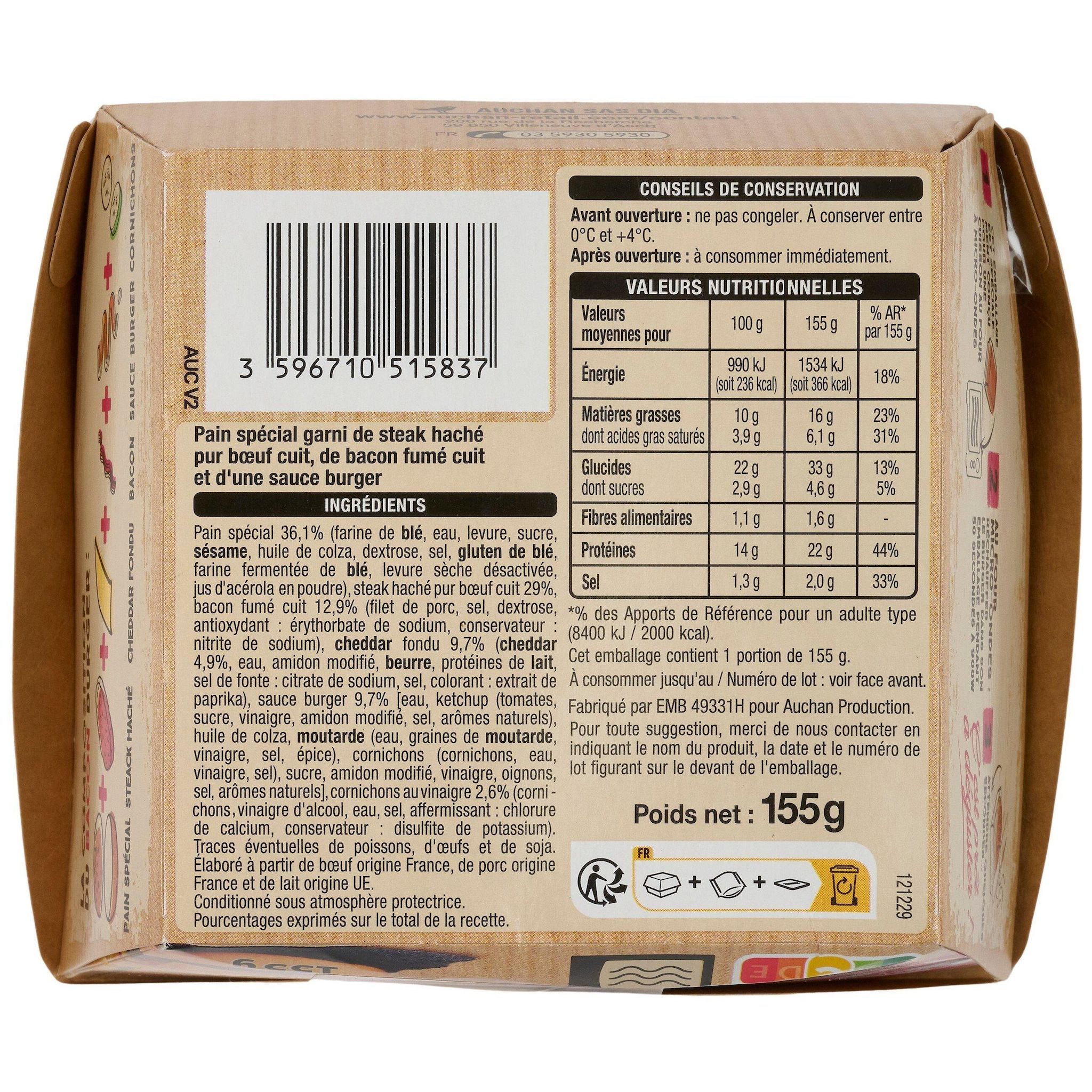 Voir la diapositive 2 : AUCHAN Burger au bacon 155g