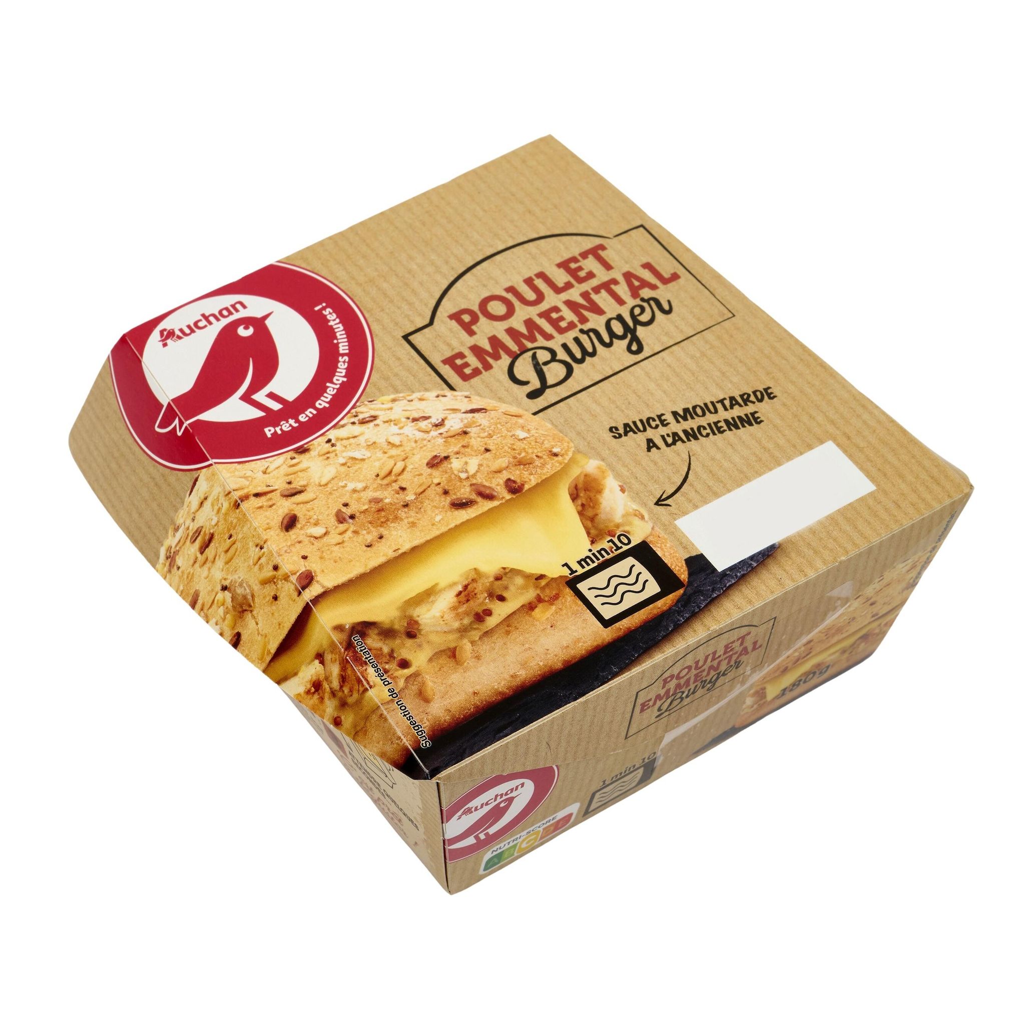 Voir la diapositive 2 : AUCHAN Burger poulet emmental sauce moutarde à l'ancienne 180g