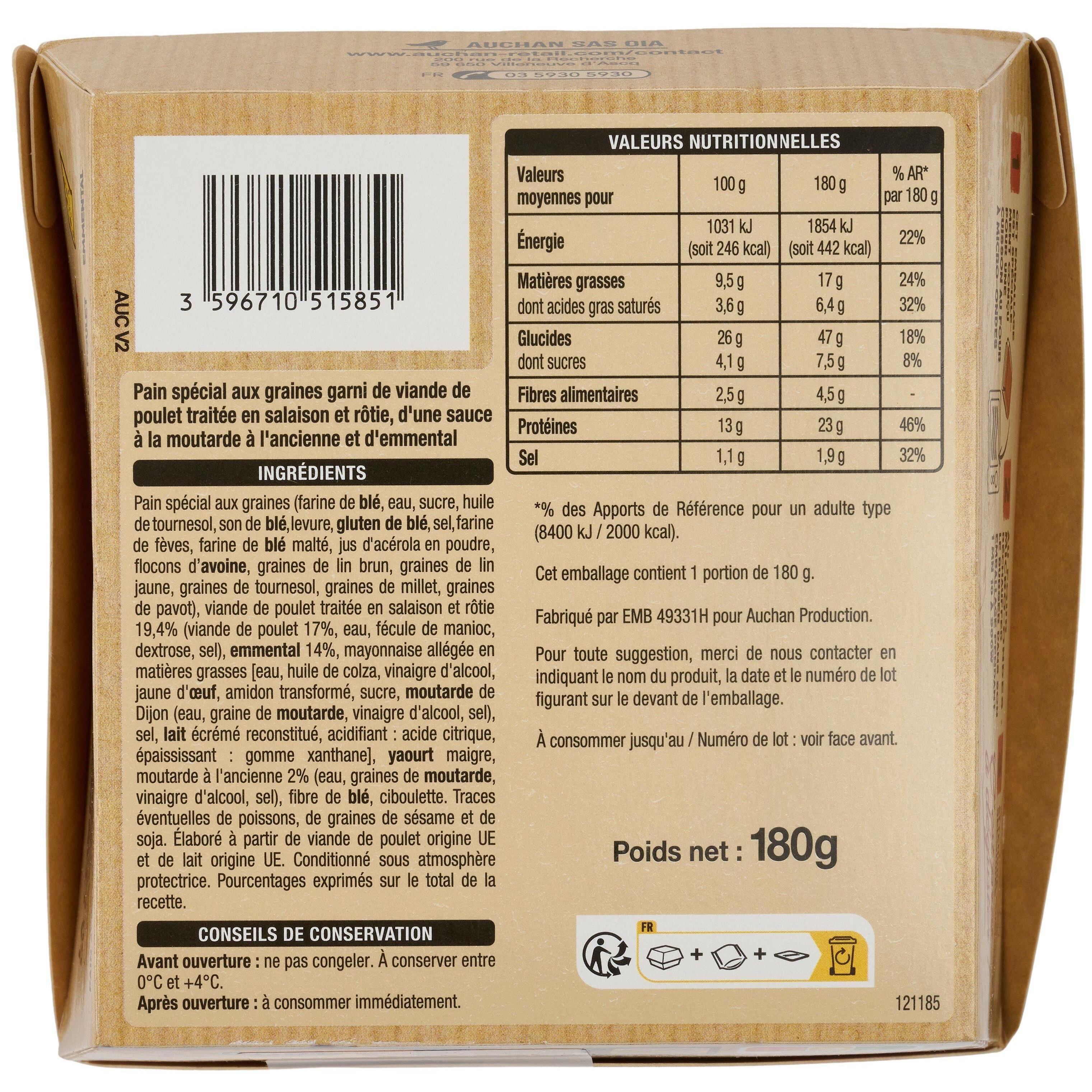 Voir la diapositive 3 : AUCHAN Burger poulet emmental sauce moutarde à l'ancienne 180g
