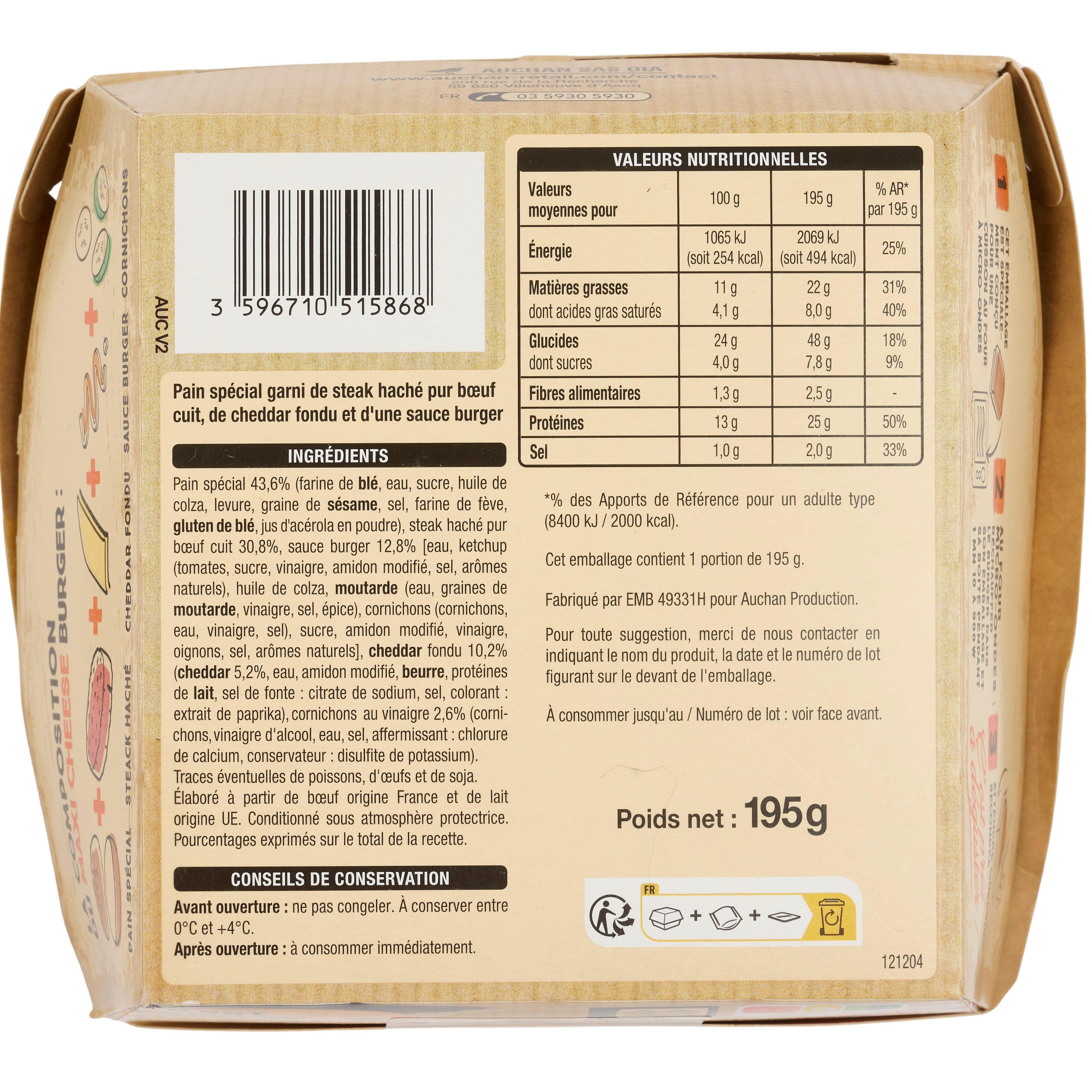 Voir la diapositive 2 : AUCHAN Maxi cheeseburger pur boeuf 195g