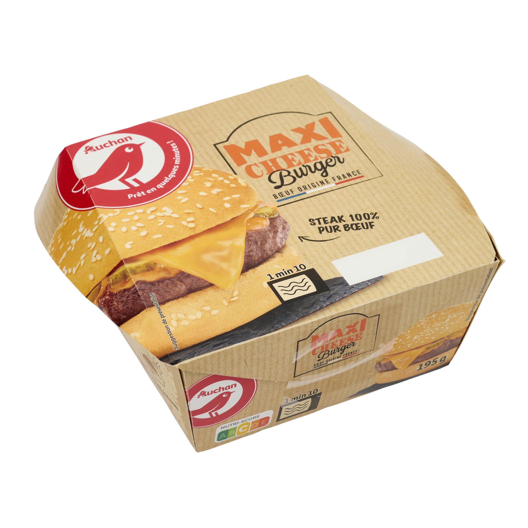 Voir la diapositive 3 : AUCHAN Maxi cheeseburger pur boeuf 195g