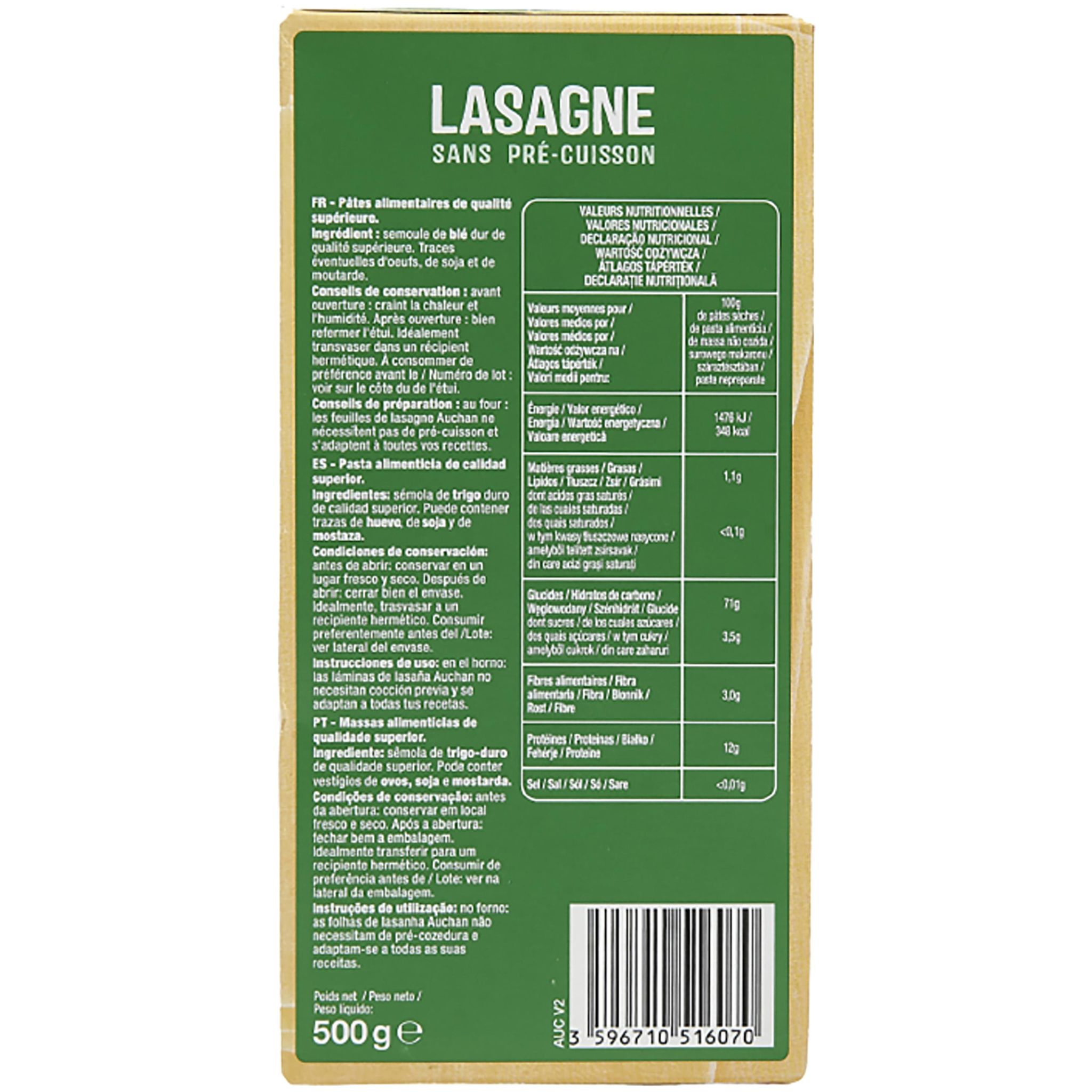 Voir la diapositive 2 : AUCHAN Lasagne 500g