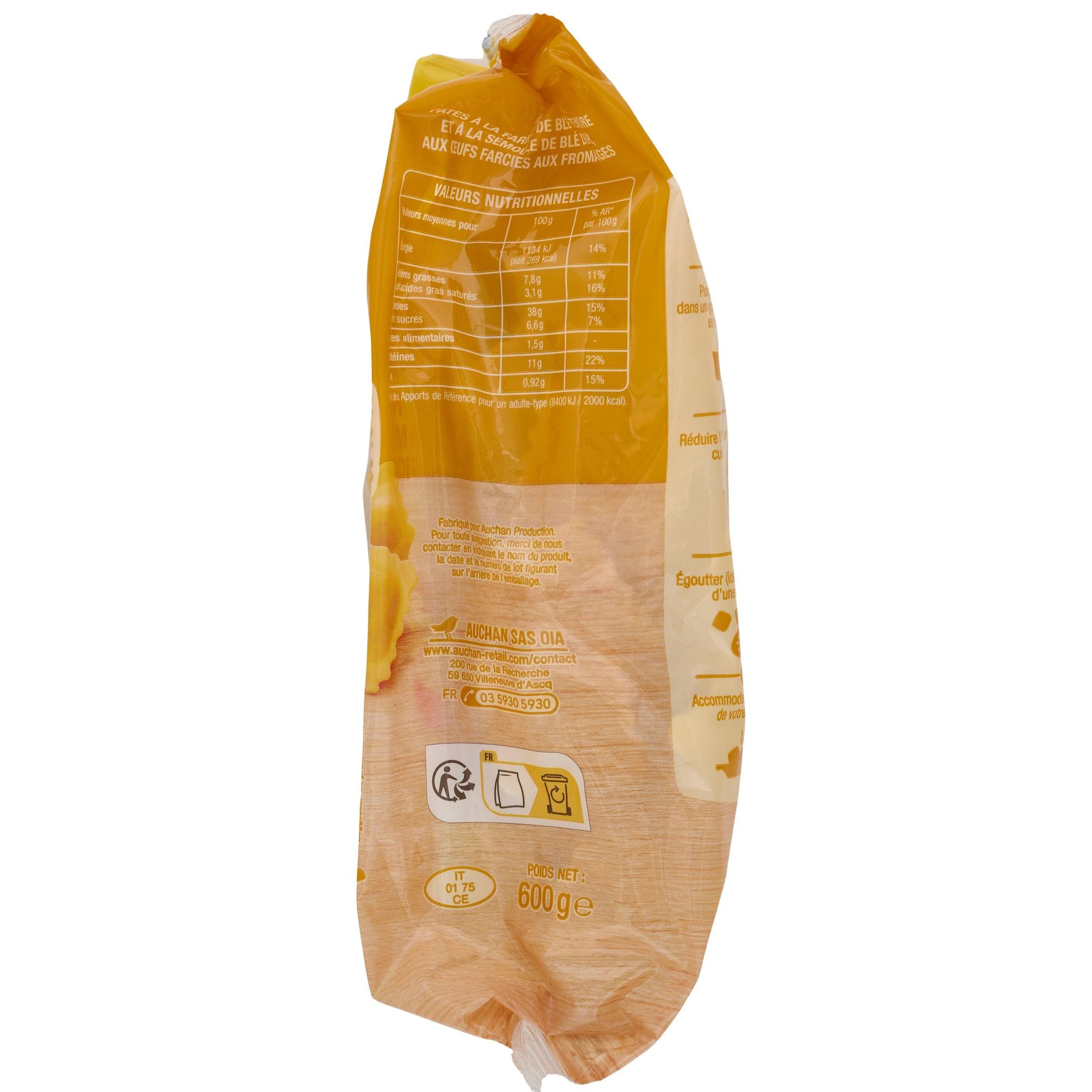 Voir la diapositive 2 : AUCHAN Ravioli aux fromages 4 parts 600g