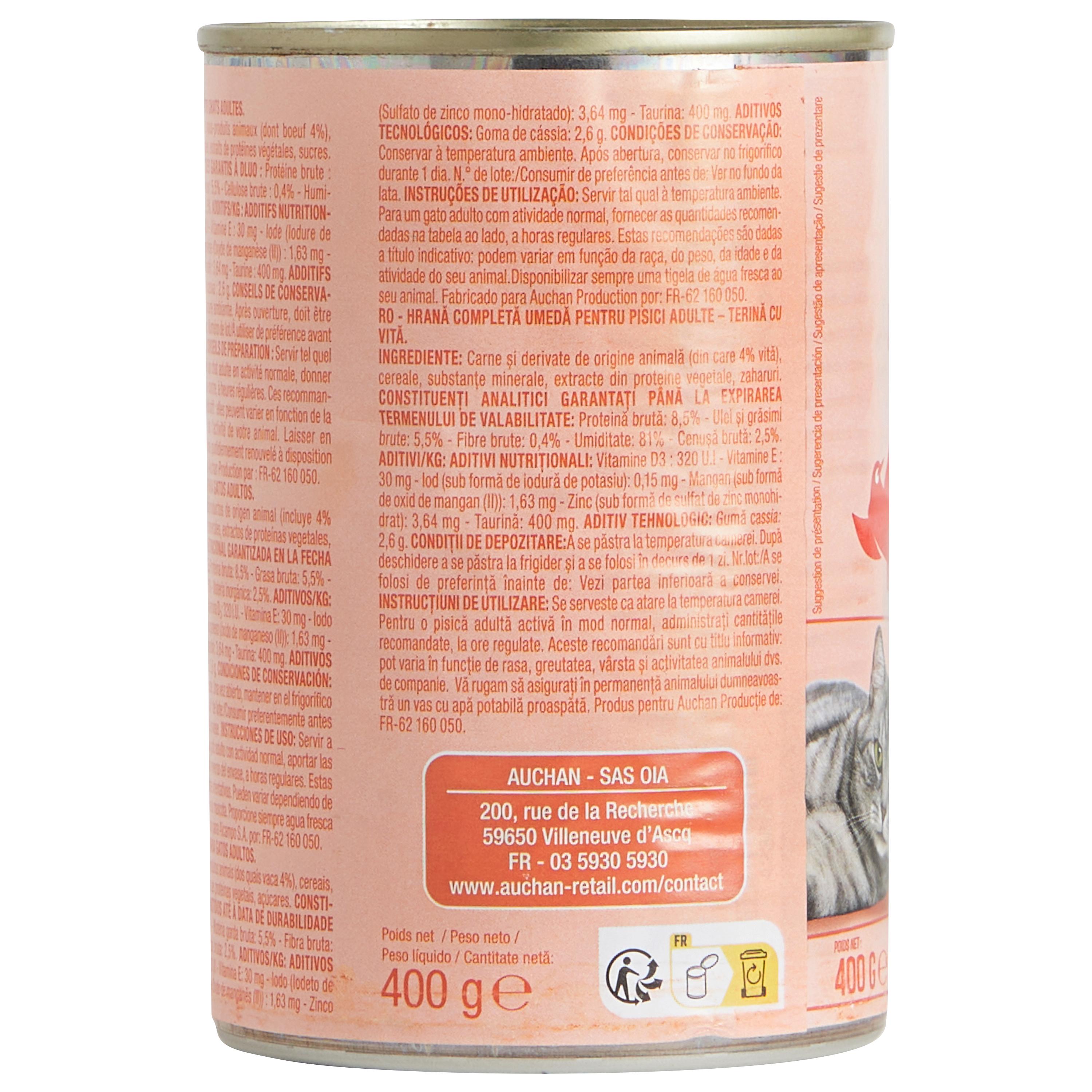 Voir la diapositive 4 : AUCHAN Terrine au bœuf pour chats et chats stérilisés 400g