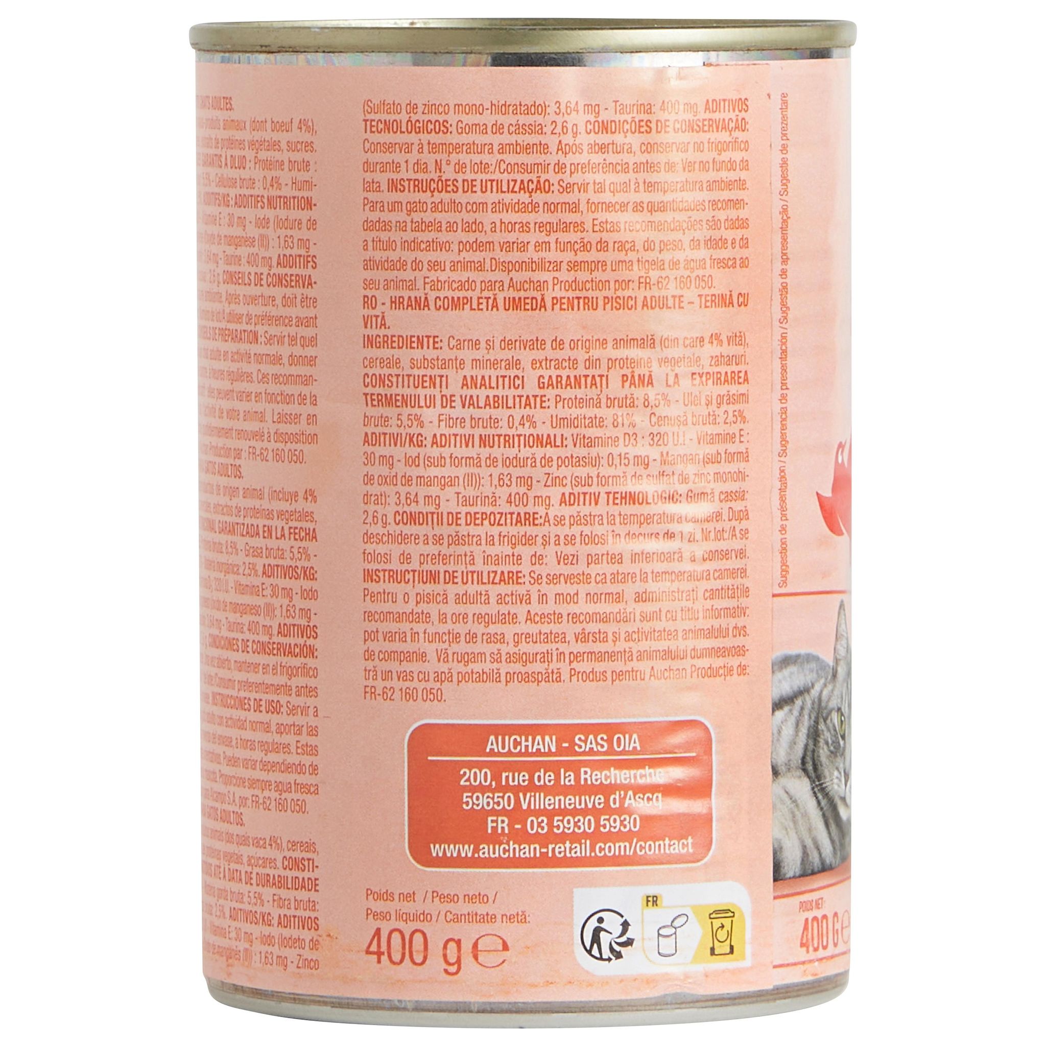 Voir la diapositive 3 : AUCHAN Terrine au bœuf pour chats et chats stérilisés 400g