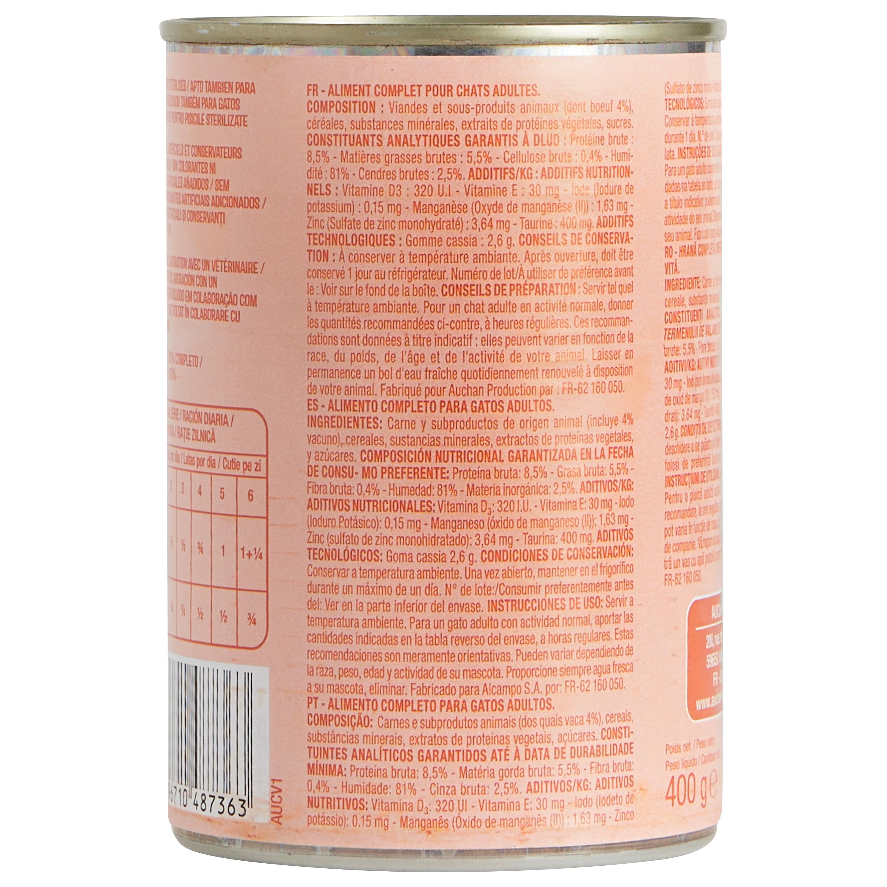 Voir la diapositive 3 : AUCHAN Terrine au bœuf pour chats et chats stérilisés 400g