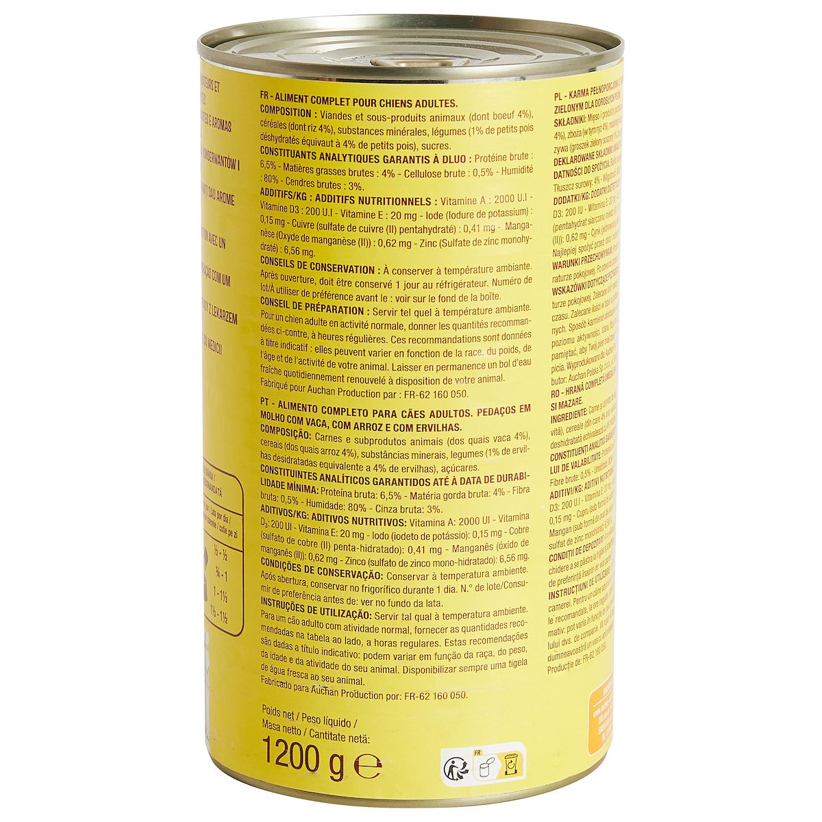 AUCHAN Boîtes bouchées aux boeuf riz et aux petits pois en sauce pour chien 1200g