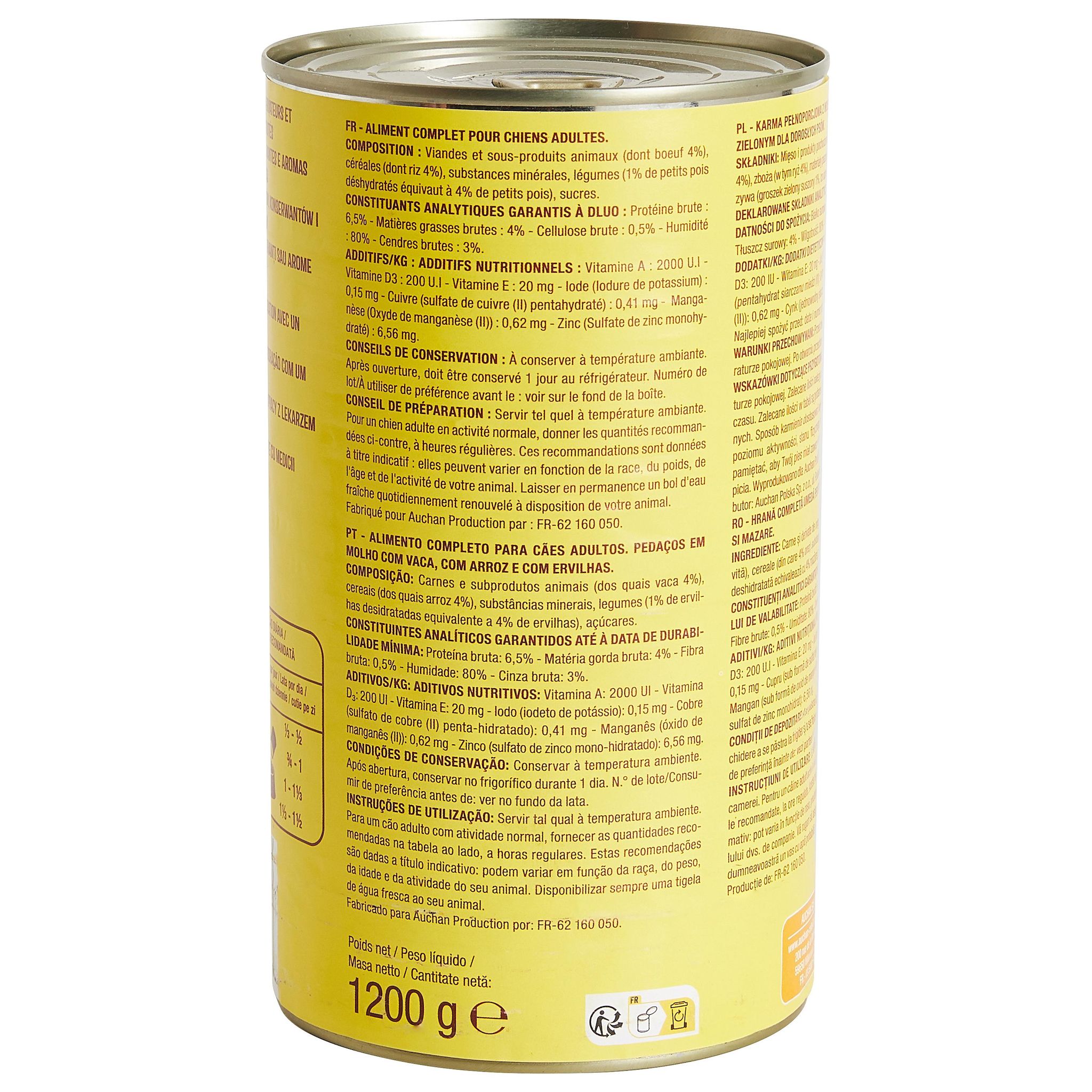 Voir la diapositive 2 : AUCHAN Boîtes bouchées aux boeuf riz et aux petits pois en sauce pour chien 1200g