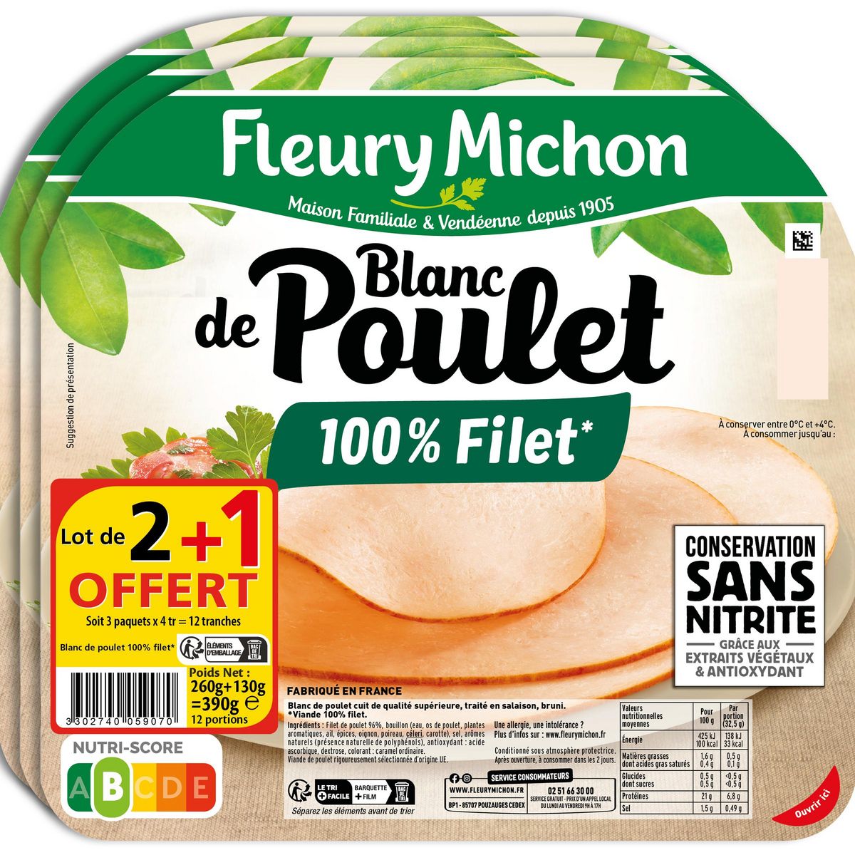 FLEURY MICHON Blanc de poulet sans nitrite 8 tranches + 4 offertes 390g