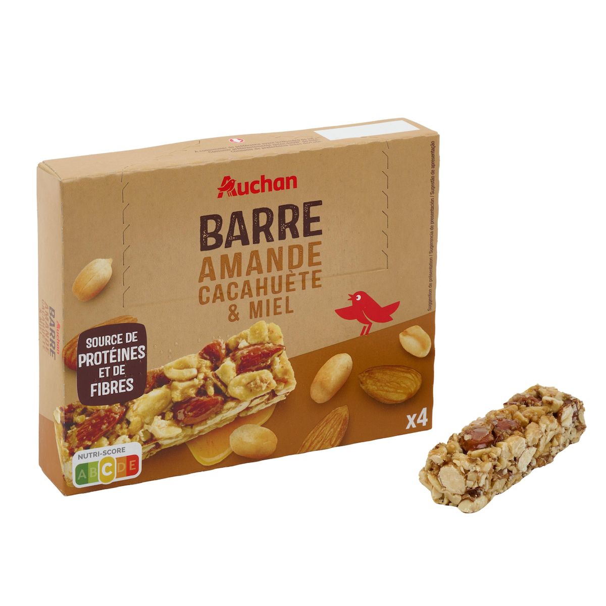 AUCHAN Barres amande cacahuète et miel 4 barres 120g
