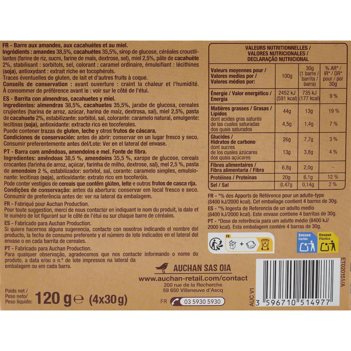 AUCHAN Barres amande cacahuète et miel 4 barres 120g