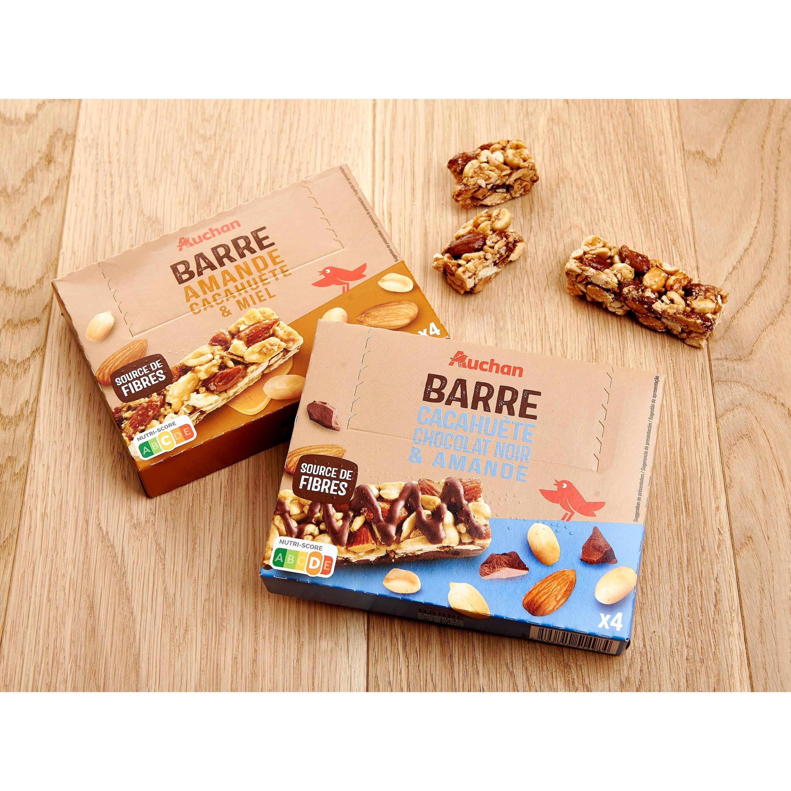 Voir la diapositive 3 : AUCHAN Barres cacahuète chocolat noir amande 4 barres 120g