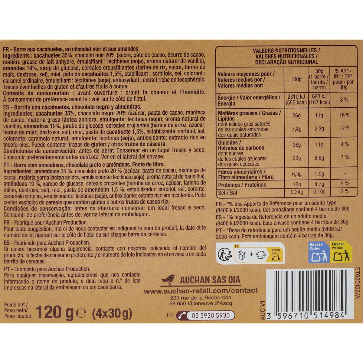 AUCHAN Barres cacahuète chocolat noir amande 4 barres 120g